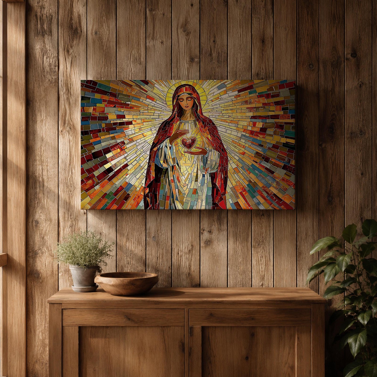 Immaculate Heart of Mary Wall Art Blessed Mother Framed Canvas Stained Glass Catholic Decor