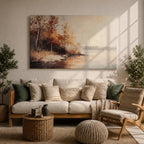 Autumn Landscape Wall Art Lakeside Framed Canvas Fall Nature Rustic Lodge Home Decor