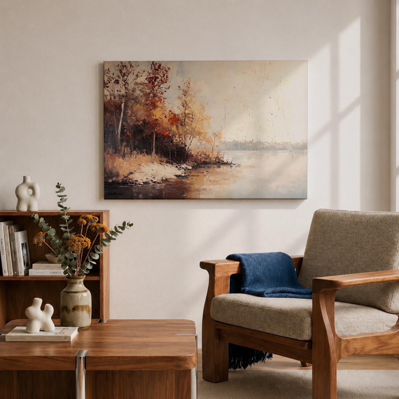 Autumn Landscape Wall Art Lakeside Framed Canvas Fall Nature Rustic Lodge Home Decor