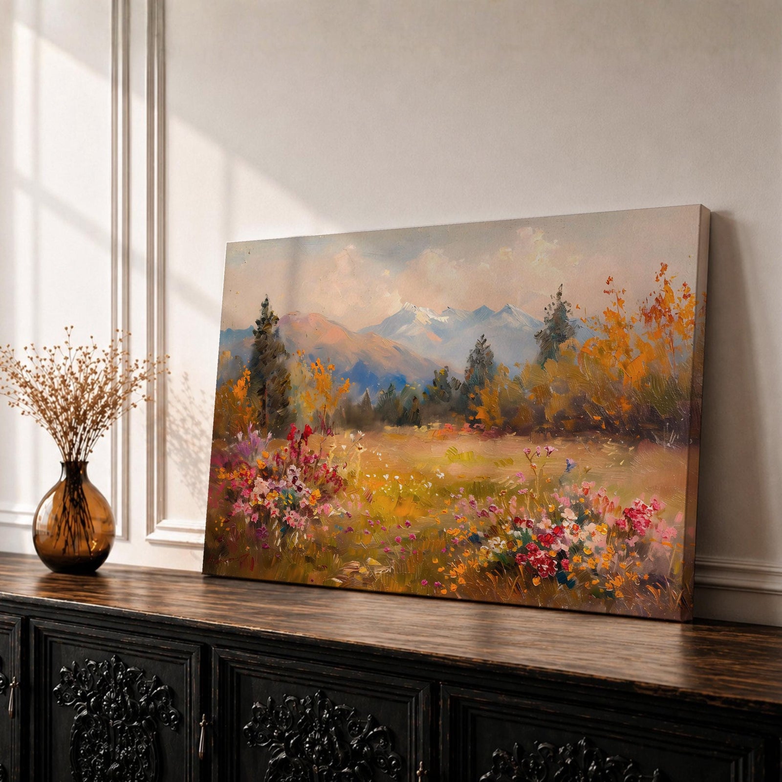 Mountain Meadow Wall Art Wildflower Field Framed Canvas Alpine Landscape Rustic Cabin Home Decor