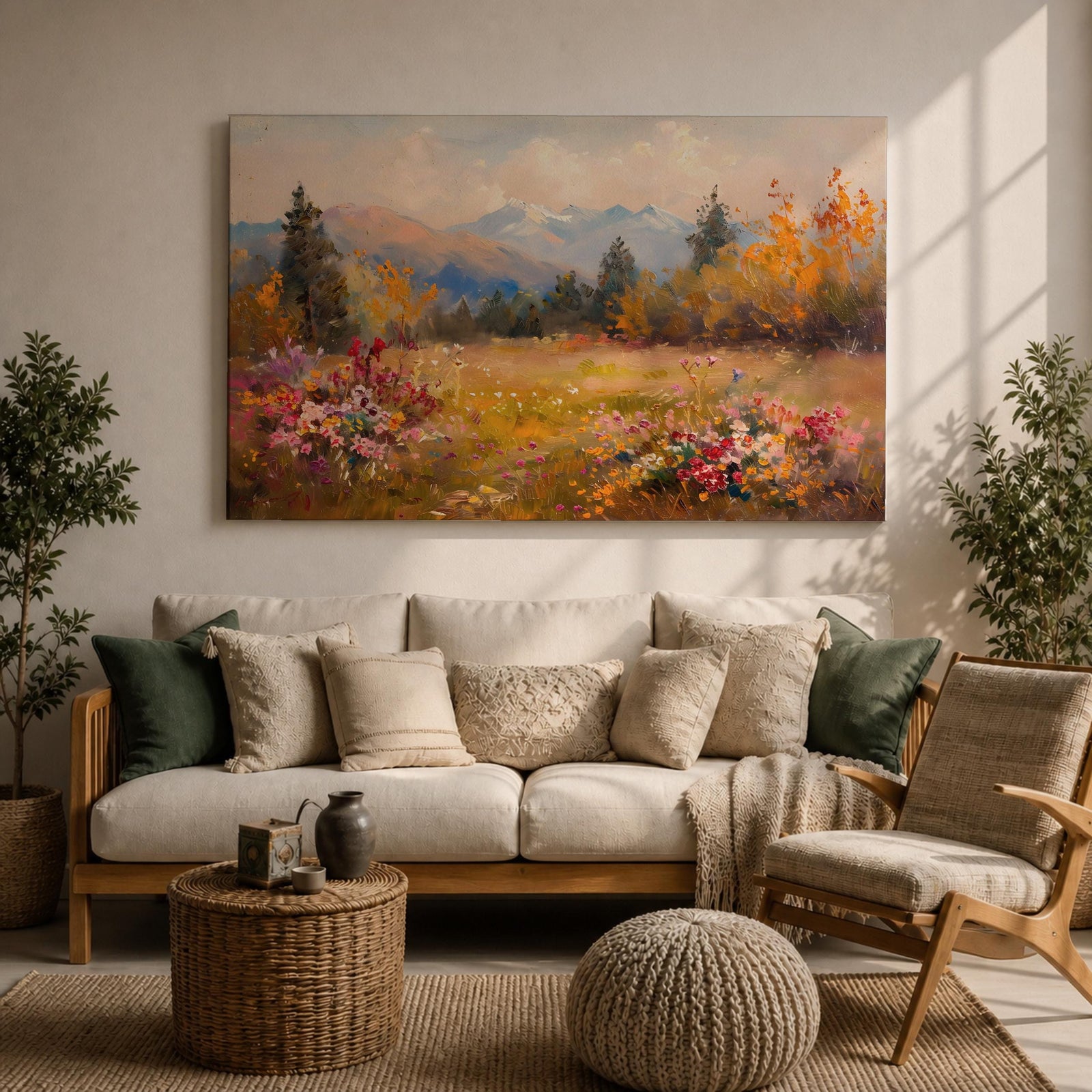 Mountain Meadow Wall Art Wildflower Field Framed Canvas Alpine Landscape Rustic Cabin Home Decor