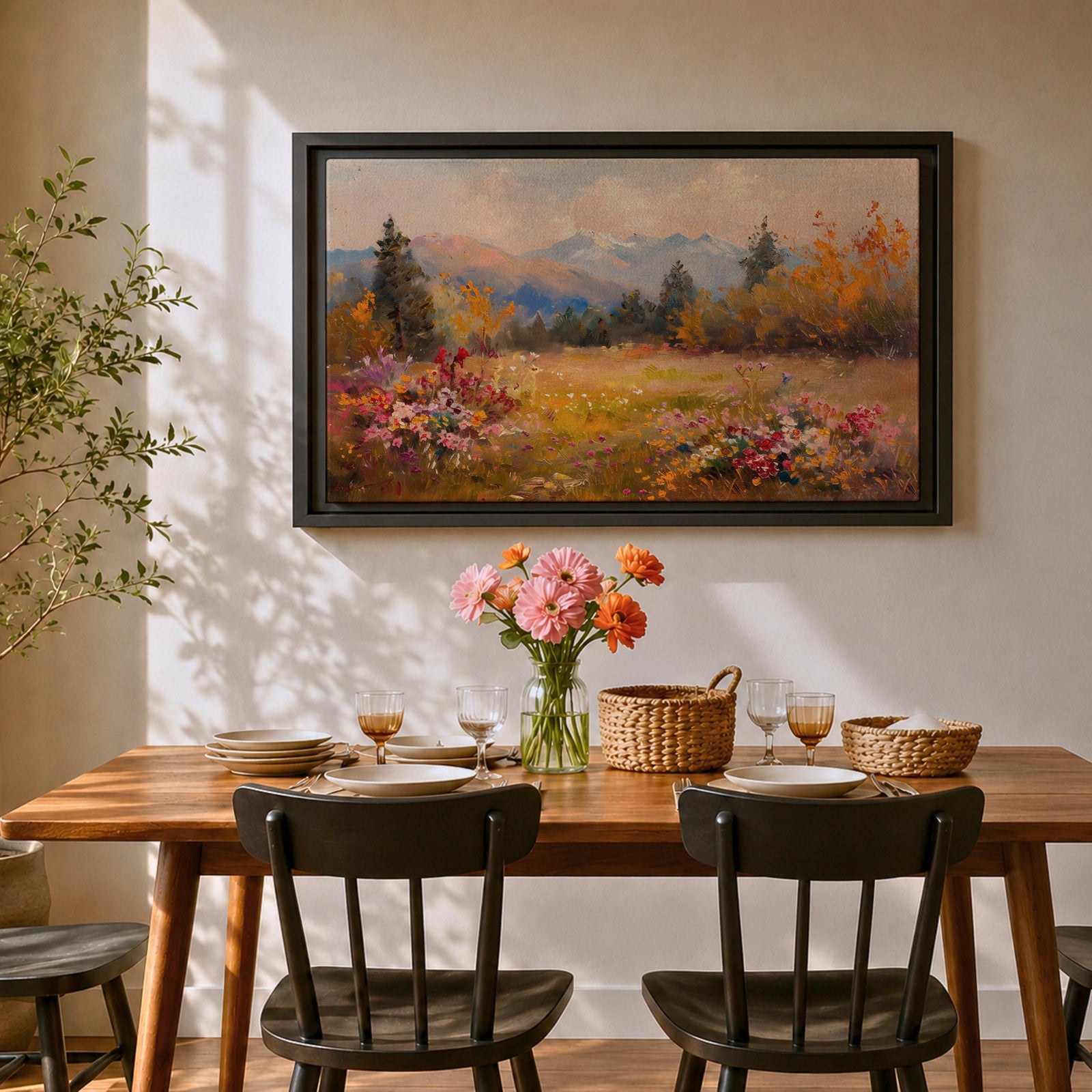 Mountain Meadow Wall Art Wildflower Field Framed Canvas Alpine Landscape Rustic Cabin Home Decor