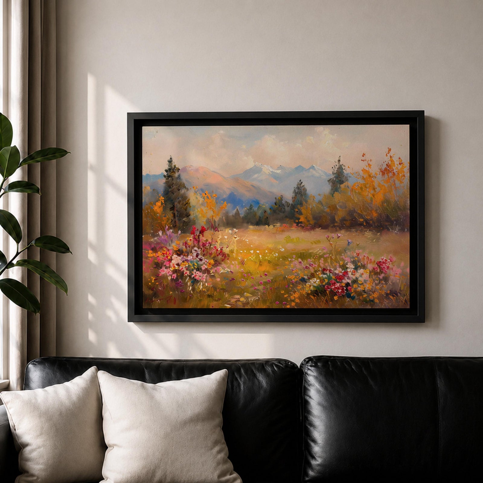 Mountain Meadow Wall Art Wildflower Field Framed Canvas Alpine Landscape Rustic Cabin Home Decor