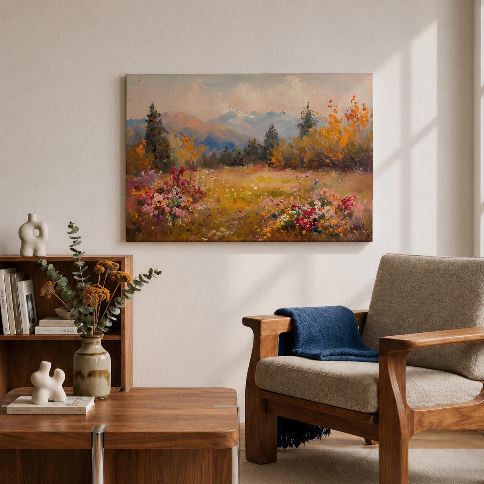 Mountain Meadow Wall Art Wildflower Field Framed Canvas Alpine Landscape Rustic Cabin Home Decor