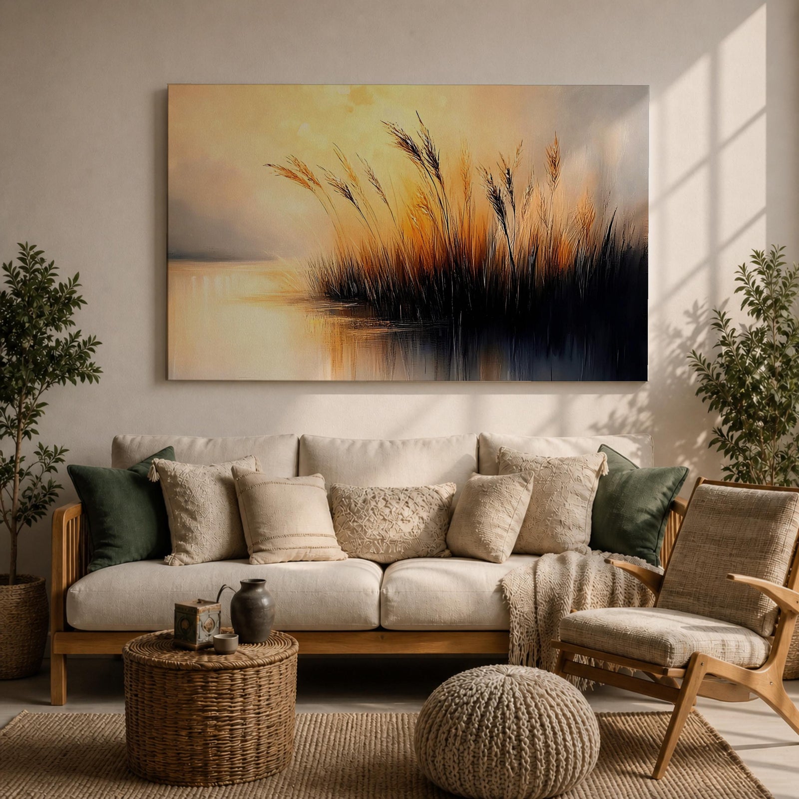Sunset Landscape Wall Art Marsh Reeds Framed Canvas Lakeside Rustic Lake Home Decor