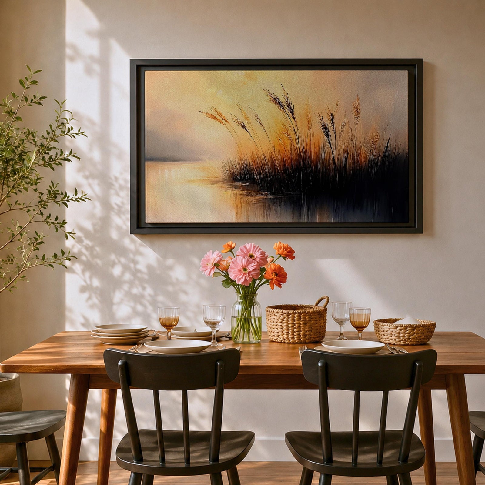Sunset Landscape Wall Art Marsh Reeds Framed Canvas Lakeside Rustic Lake Home Decor