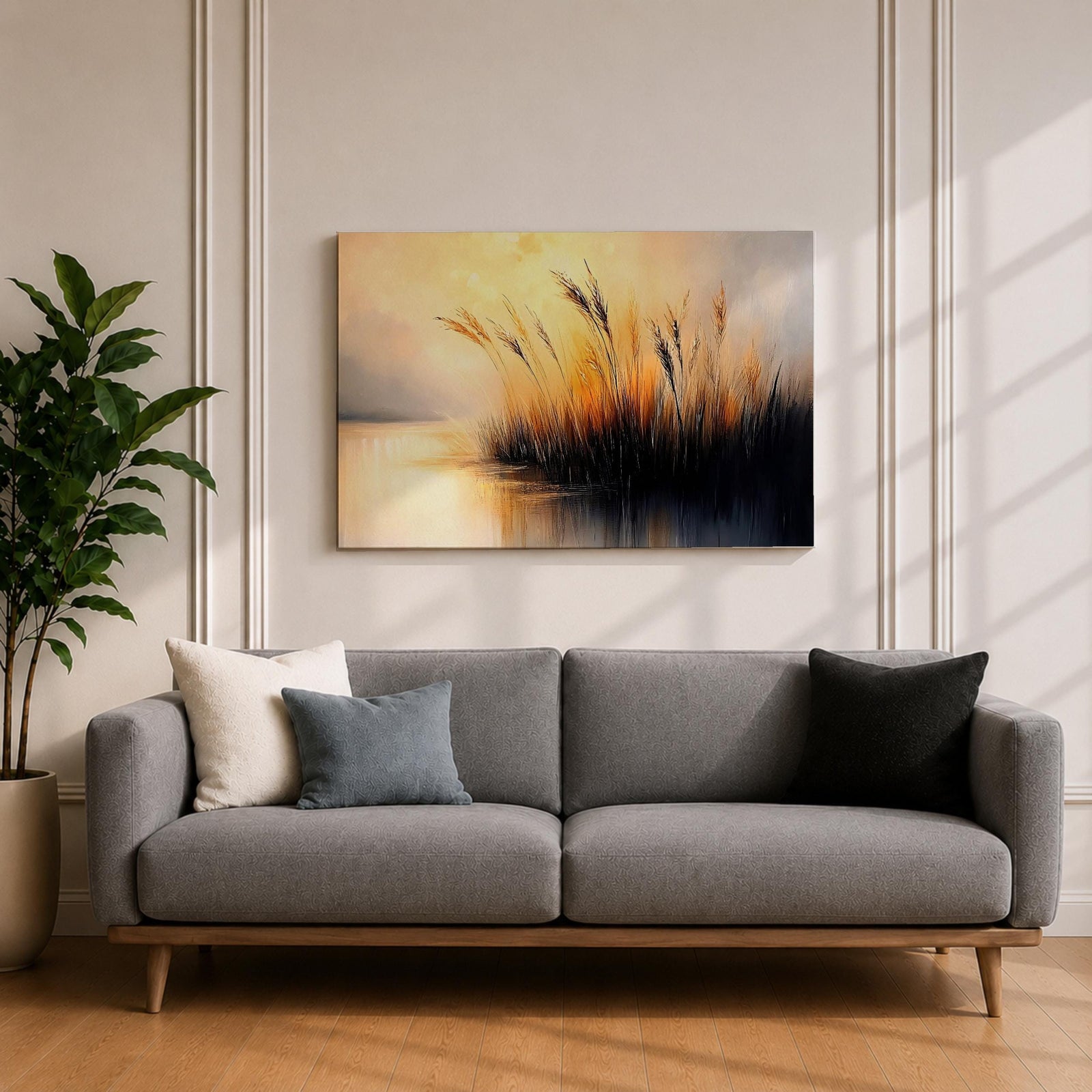 Sunset Landscape Wall Art Marsh Reeds Framed Canvas Lakeside Rustic Lake Home Decor
