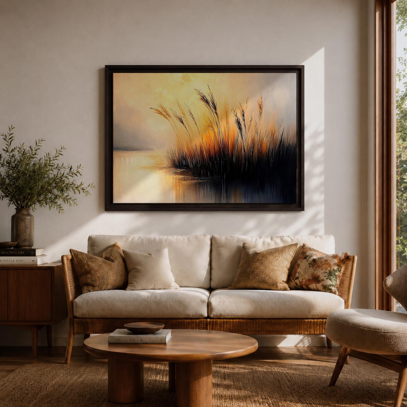 Sunset Landscape Wall Art Marsh Reeds Framed Canvas Lakeside Rustic Lake Home Decor