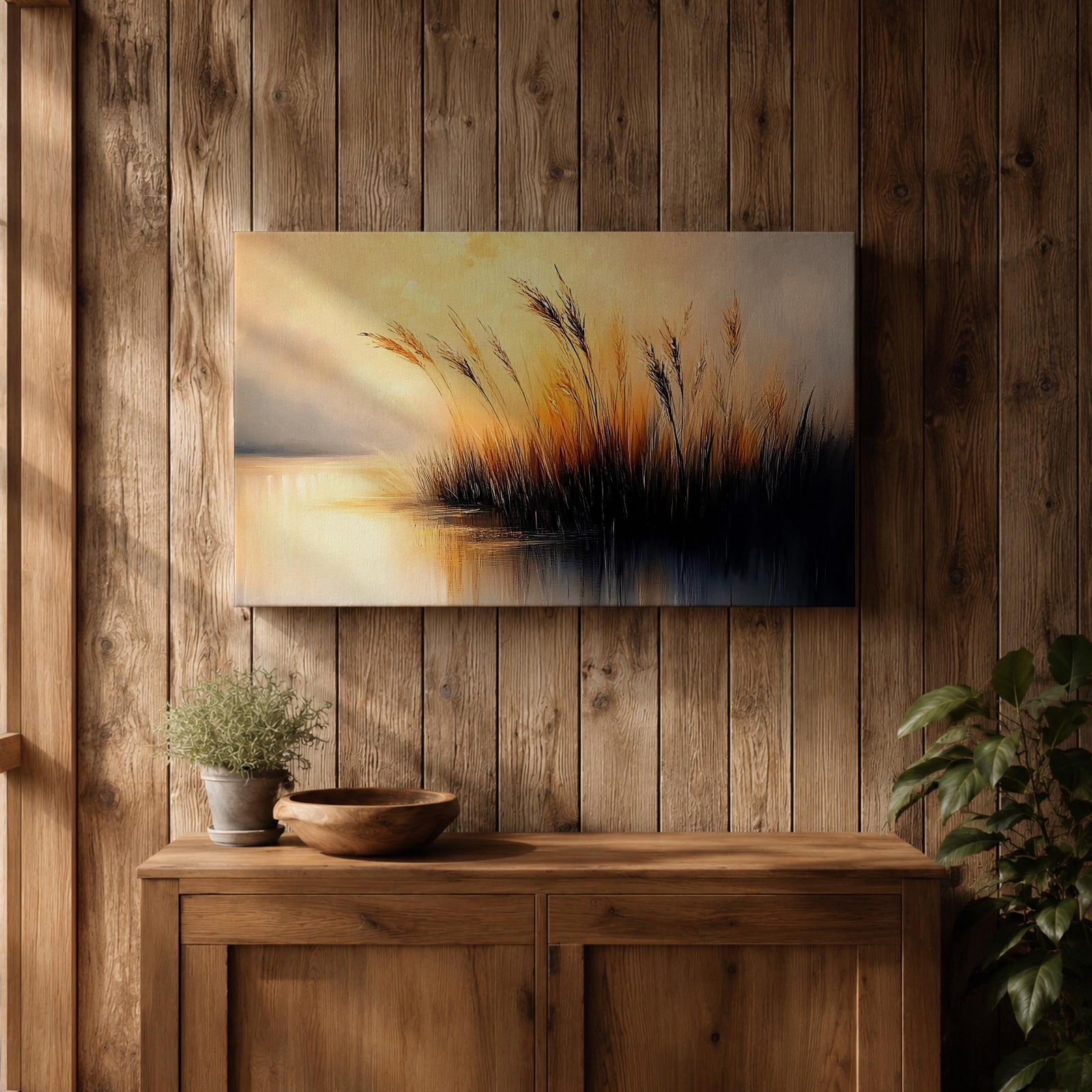 Sunset Landscape Wall Art Marsh Reeds Framed Canvas Lakeside Rustic Lake Home Decor