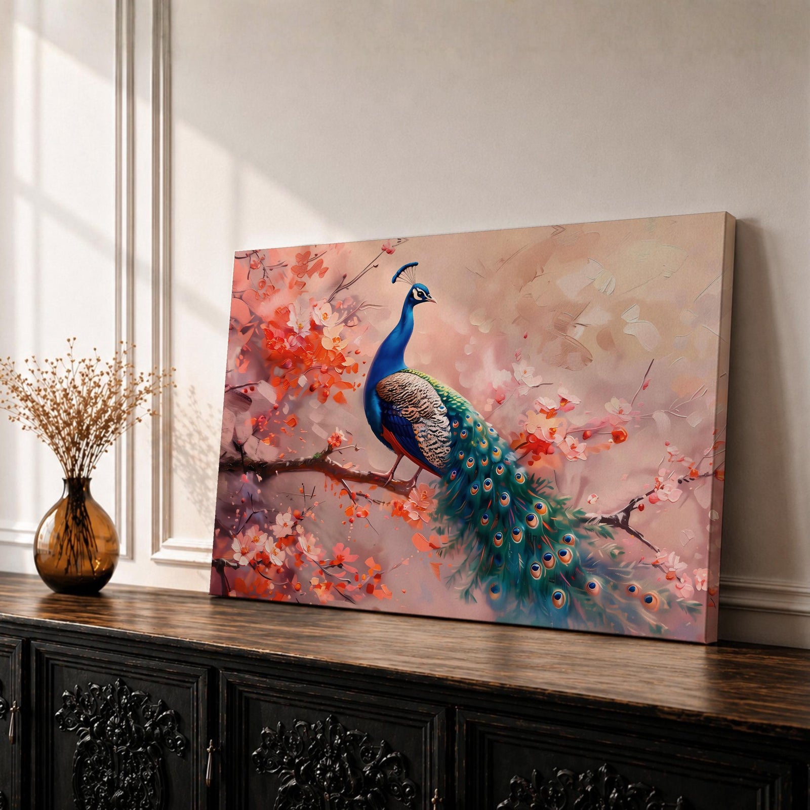 Peacock Wall Art Indian Peafowl Framed Canvas Botanical Wildlife Boho Home Decor