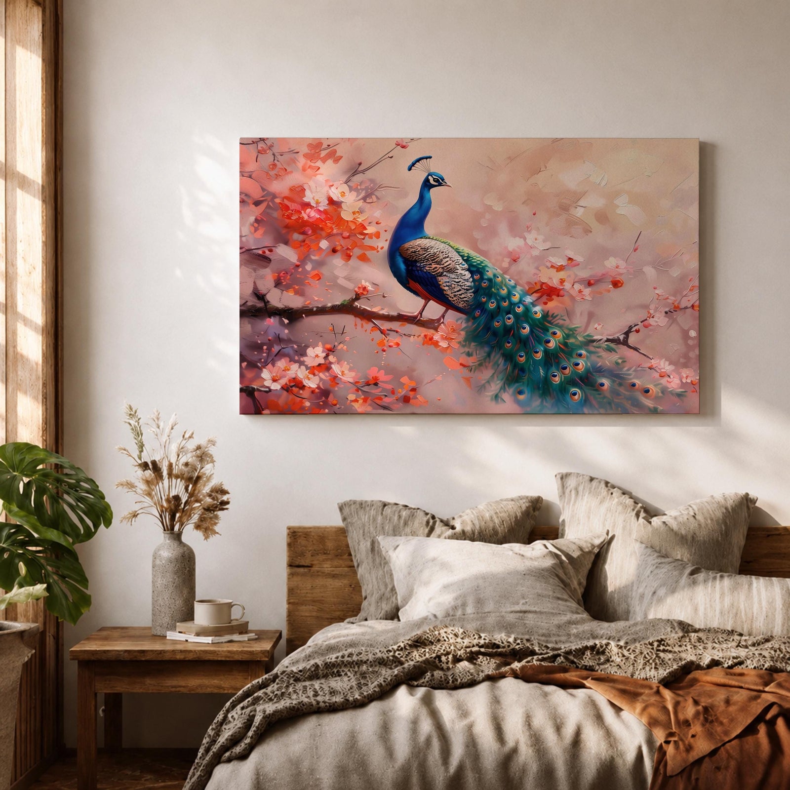 Peacock Wall Art Indian Peafowl Framed Canvas Botanical Wildlife Boho Home Decor