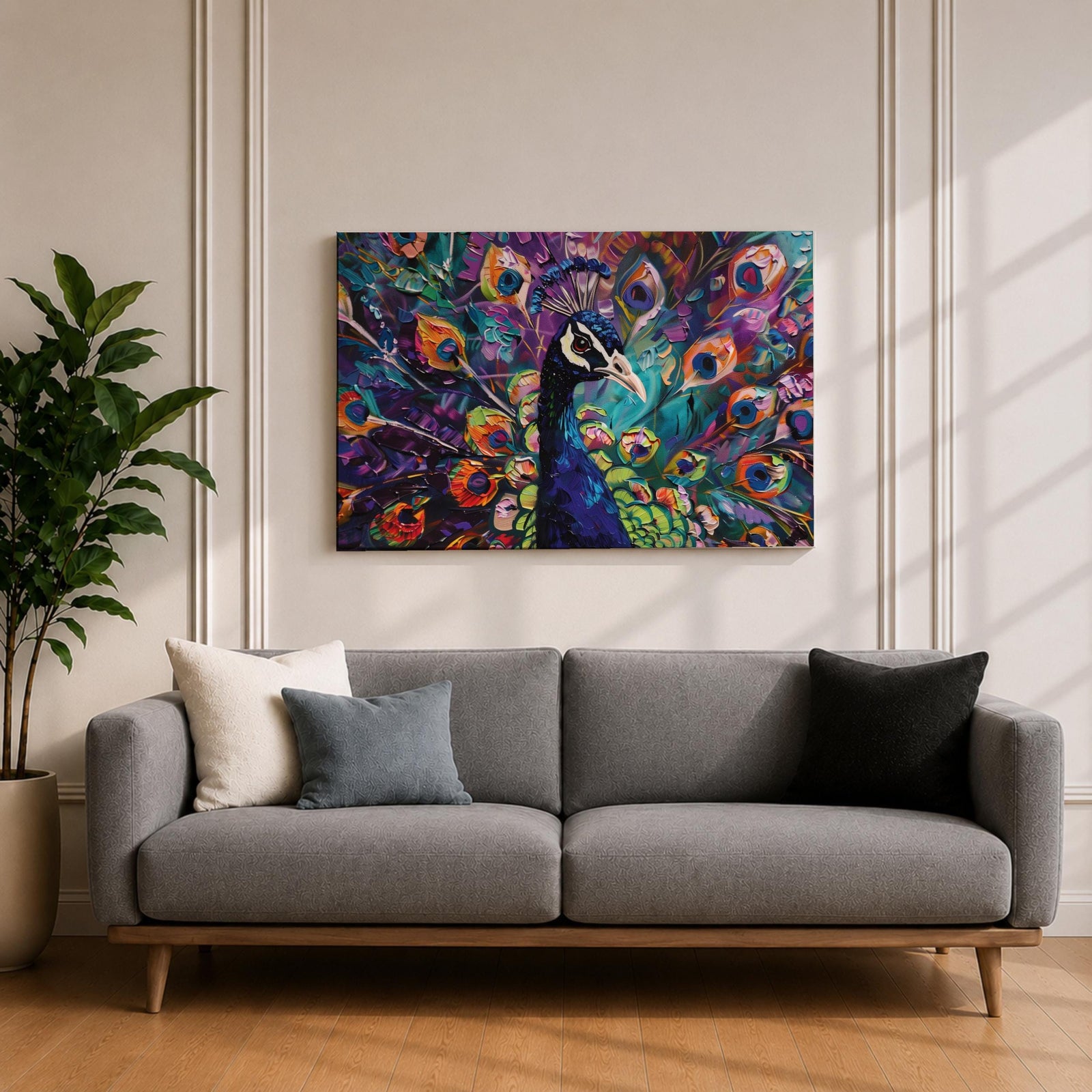 Peacock Wall Art Royal Feathers Framed Canvas Exotic Bird Impasto Boho Home Decor
