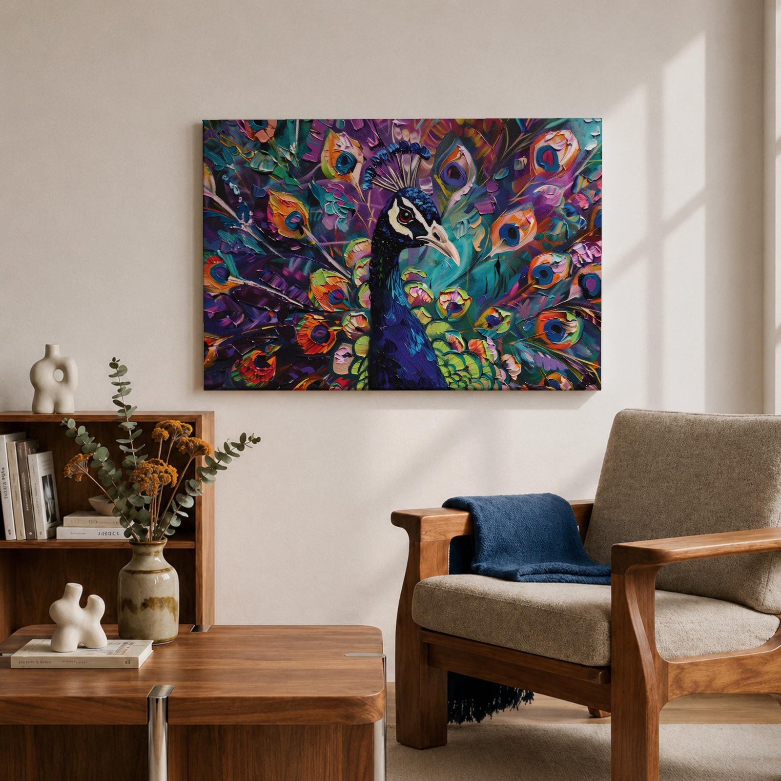Peacock Wall Art Royal Feathers Framed Canvas Exotic Bird Impasto Boho Home Decor