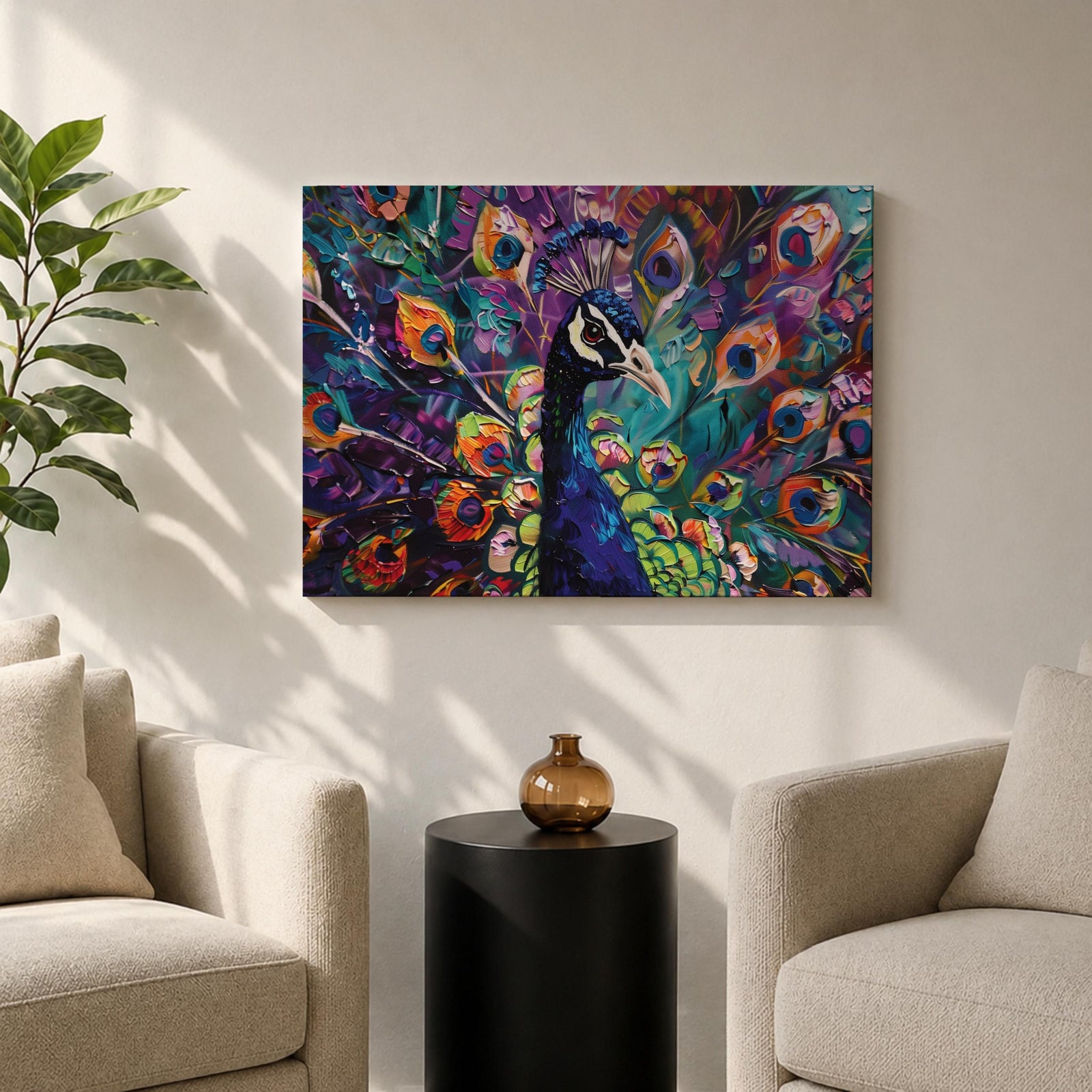 Peacock Wall Art Royal Feathers Framed Canvas Exotic Bird Impasto Boho Home Decor