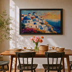 Santorini Sunset Wall Art Greek Island Oia Framed Canvas Coastal Impasto Living Room Decor