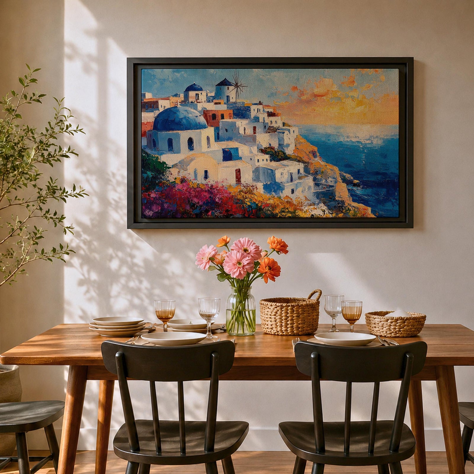 Santorini Sunset Wall Art Greek Island Oia Framed Canvas Coastal Impasto Living Room Decor