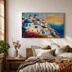Santorini Sunset Wall Art Greek Island Oia Framed Canvas Coastal Impasto Living Room Decor