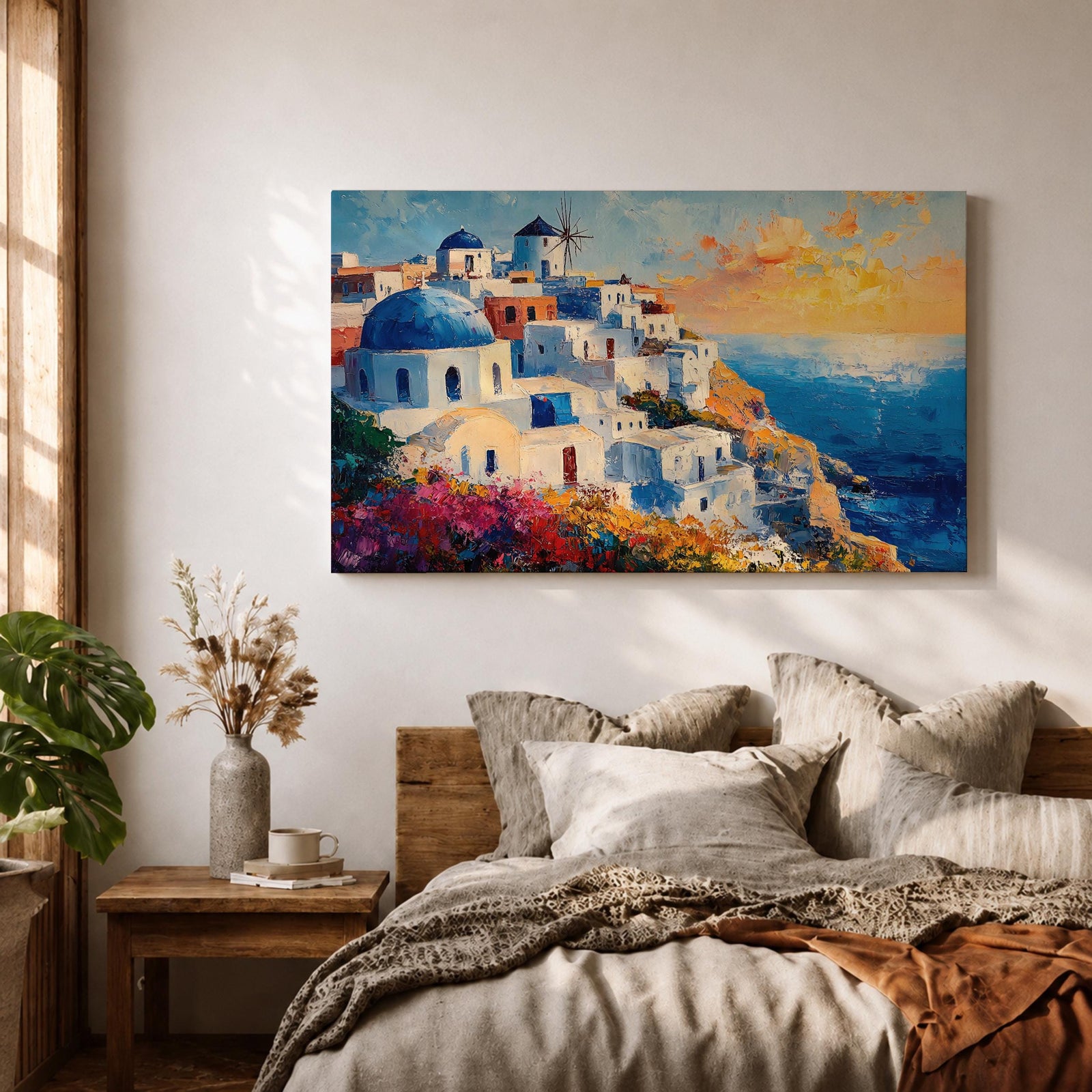 Santorini Sunset Wall Art Greek Island Oia Framed Canvas Coastal Impasto Living Room Decor