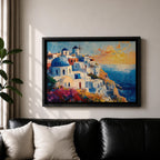 Santorini Sunset Wall Art Greek Island Oia Framed Canvas Coastal Impasto Living Room Decor