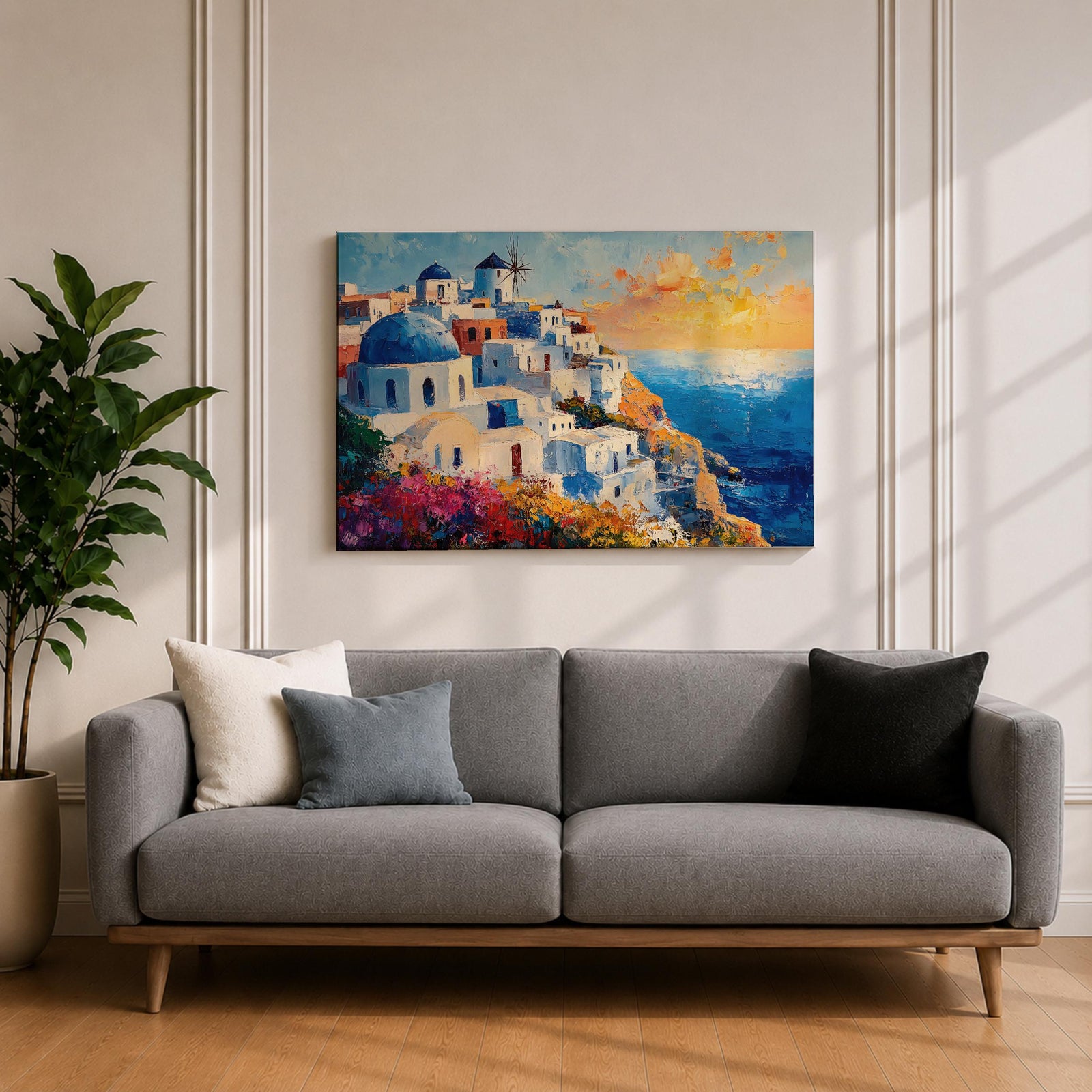 Santorini Sunset Wall Art Greek Island Oia Framed Canvas Coastal Impasto Living Room Decor