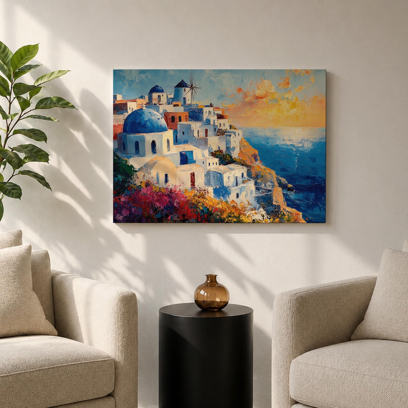 Santorini Sunset Wall Art Greek Island Oia Framed Canvas Coastal Impasto Living Room Decor