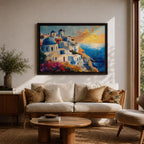 Santorini Sunset Wall Art Greek Island Oia Framed Canvas Coastal Impasto Living Room Decor