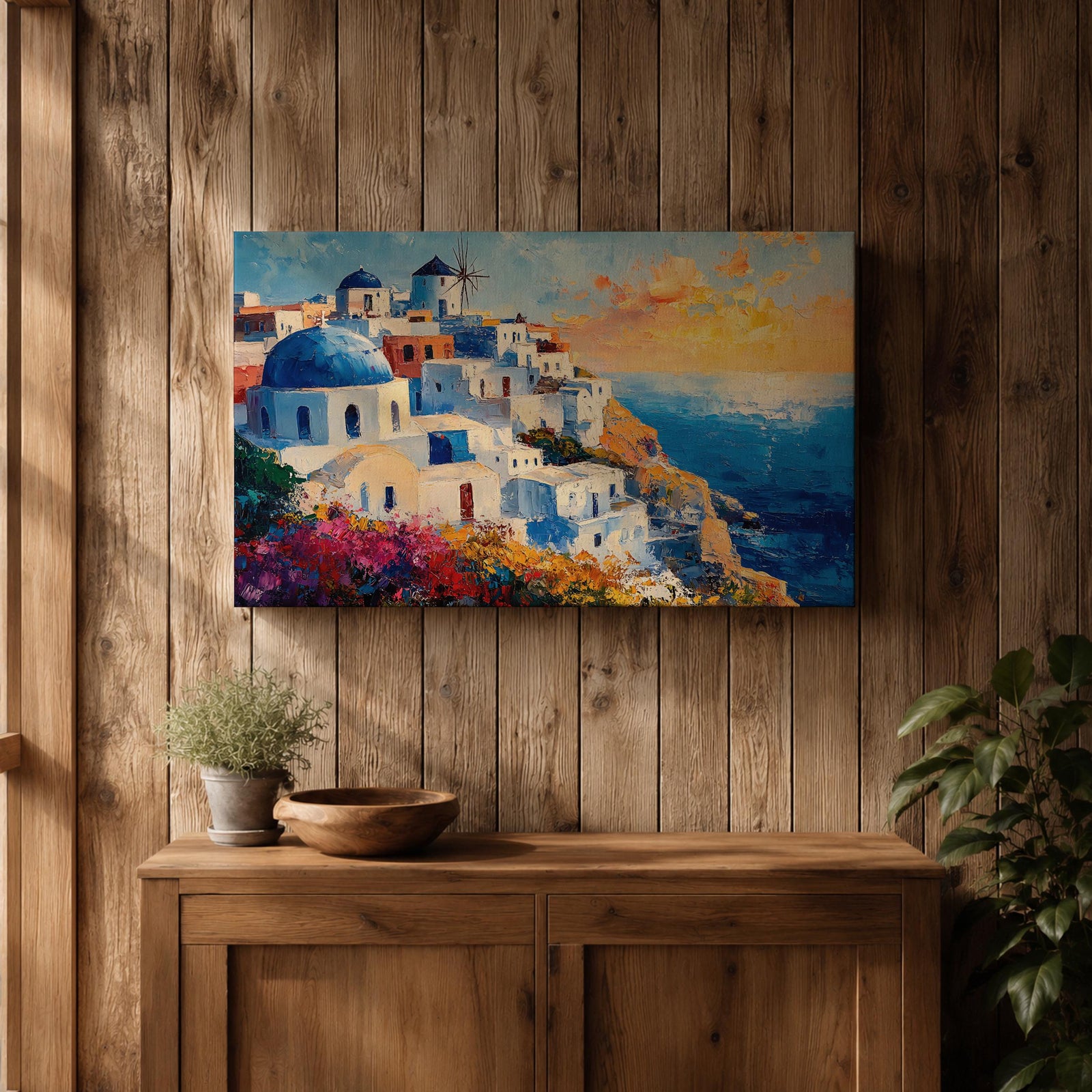 Santorini Sunset Wall Art Greek Island Oia Framed Canvas Coastal Impasto Living Room Decor