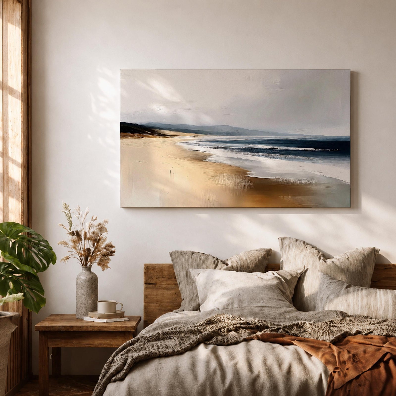 Coastal Seascape Wall Art Ocean Shoreline Framed Canvas Sandy Beach Coastal Home Decor