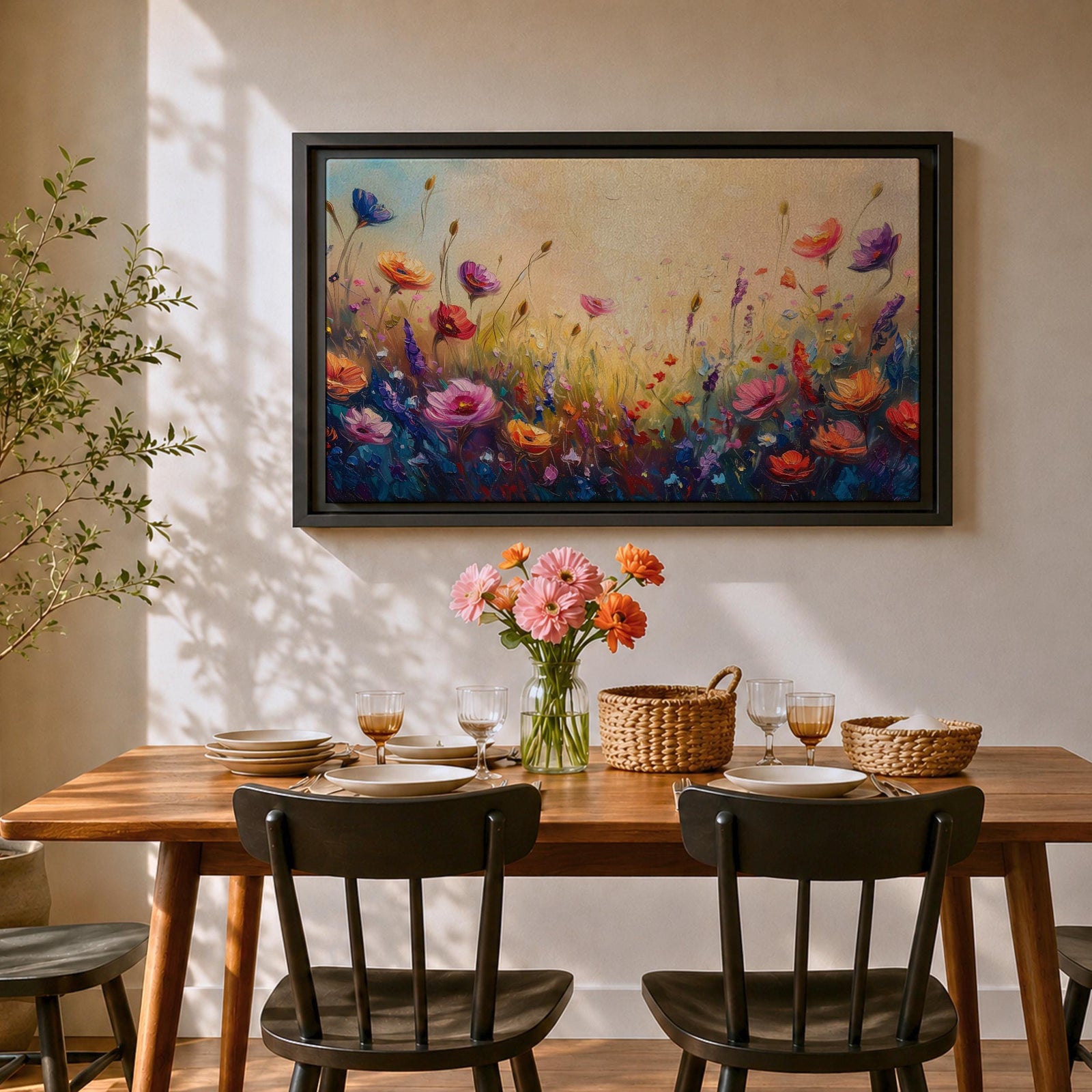 Wildflower Meadow Wall Art Flower Field Framed Canvas Botanical Impasto Floral Living Room Decor