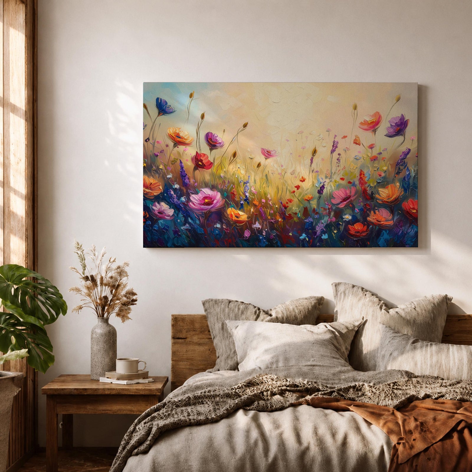 Wildflower Meadow Wall Art Flower Field Framed Canvas Botanical Impasto Floral Living Room Decor