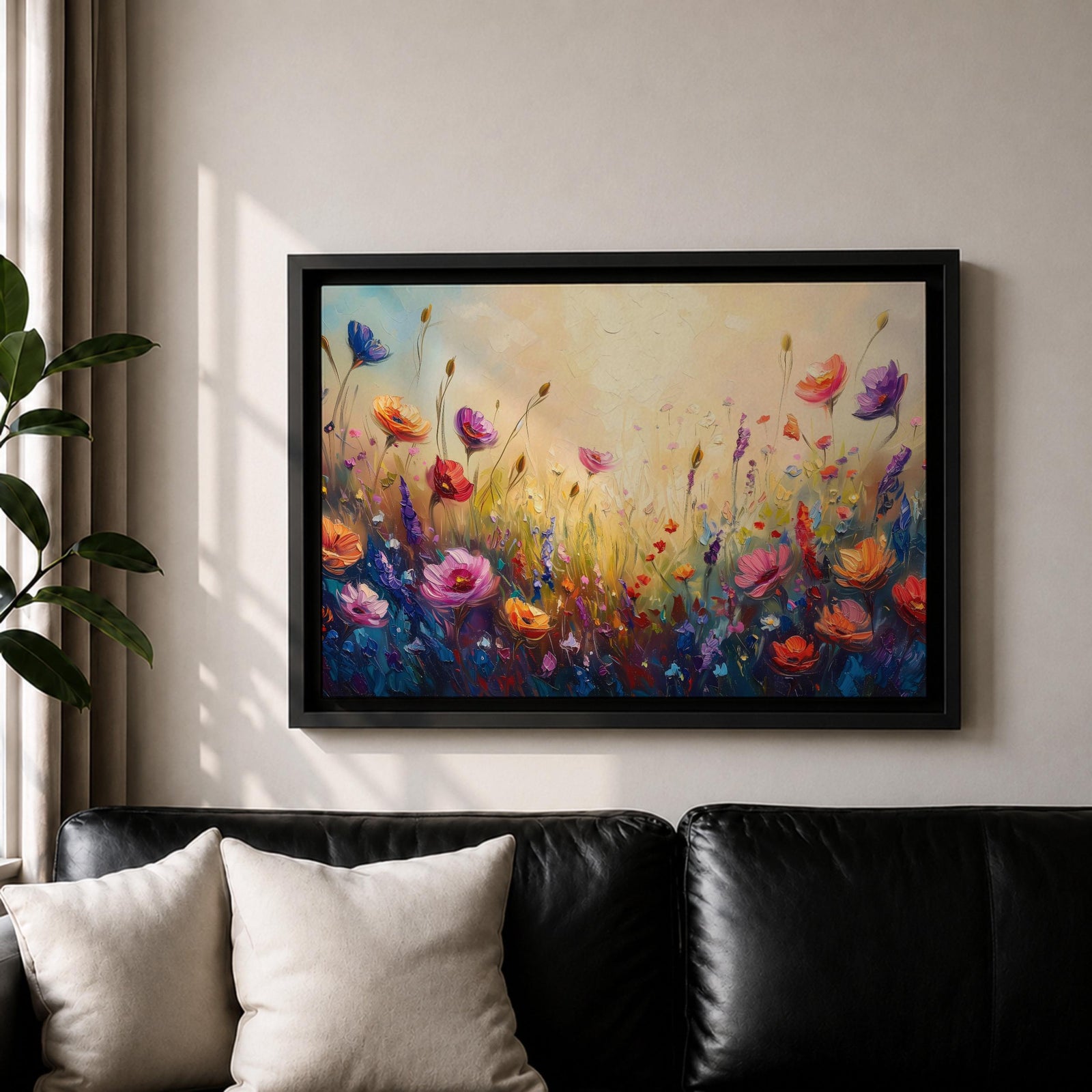 Wildflower Meadow Wall Art Flower Field Framed Canvas Botanical Impasto Floral Living Room Decor