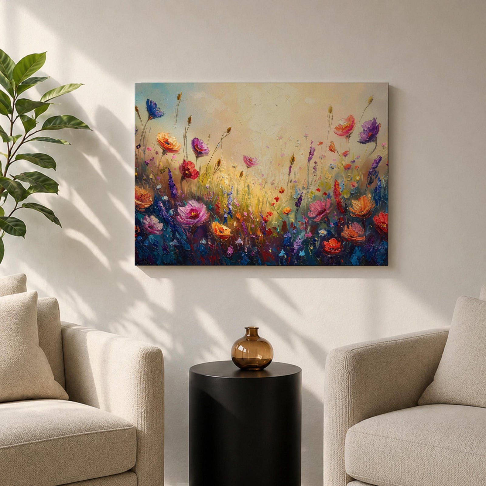 Wildflower Meadow Wall Art Flower Field Framed Canvas Botanical Impasto Floral Living Room Decor