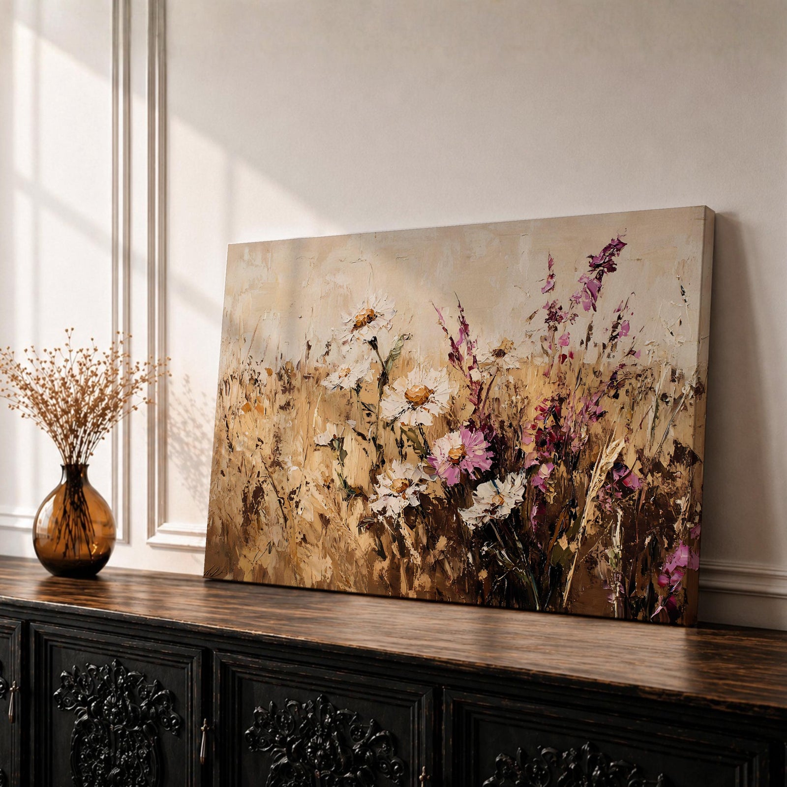 Wildflower Wall Art Meadow Flowers Framed Canvas Impasto Floral Rustic Cottage Home Decor