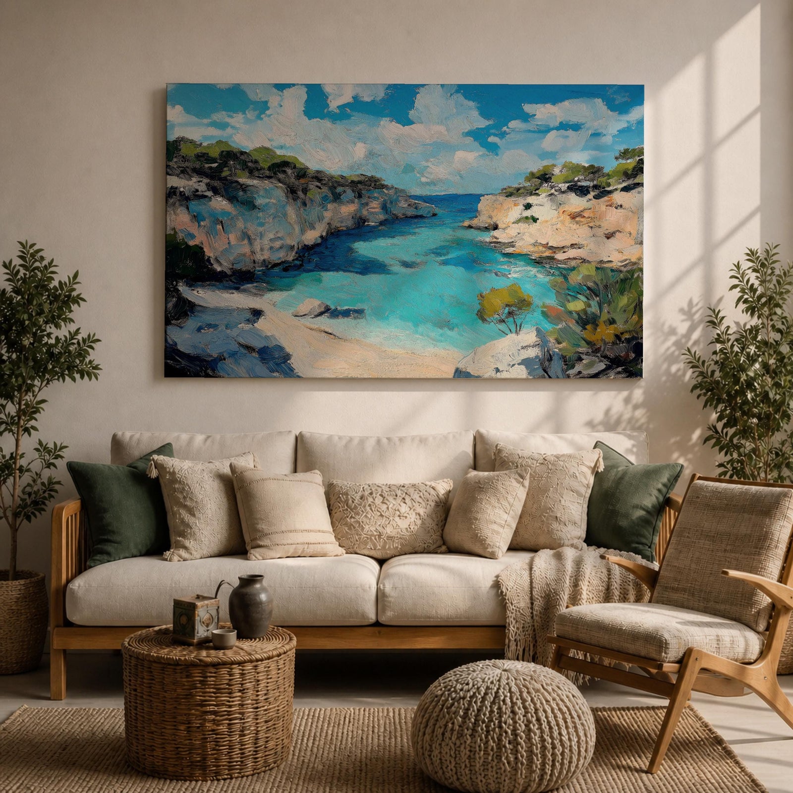 Mediterranean Coastal Wall Art Calanques Framed Canvas Ocean View Impasto Living Room Decor