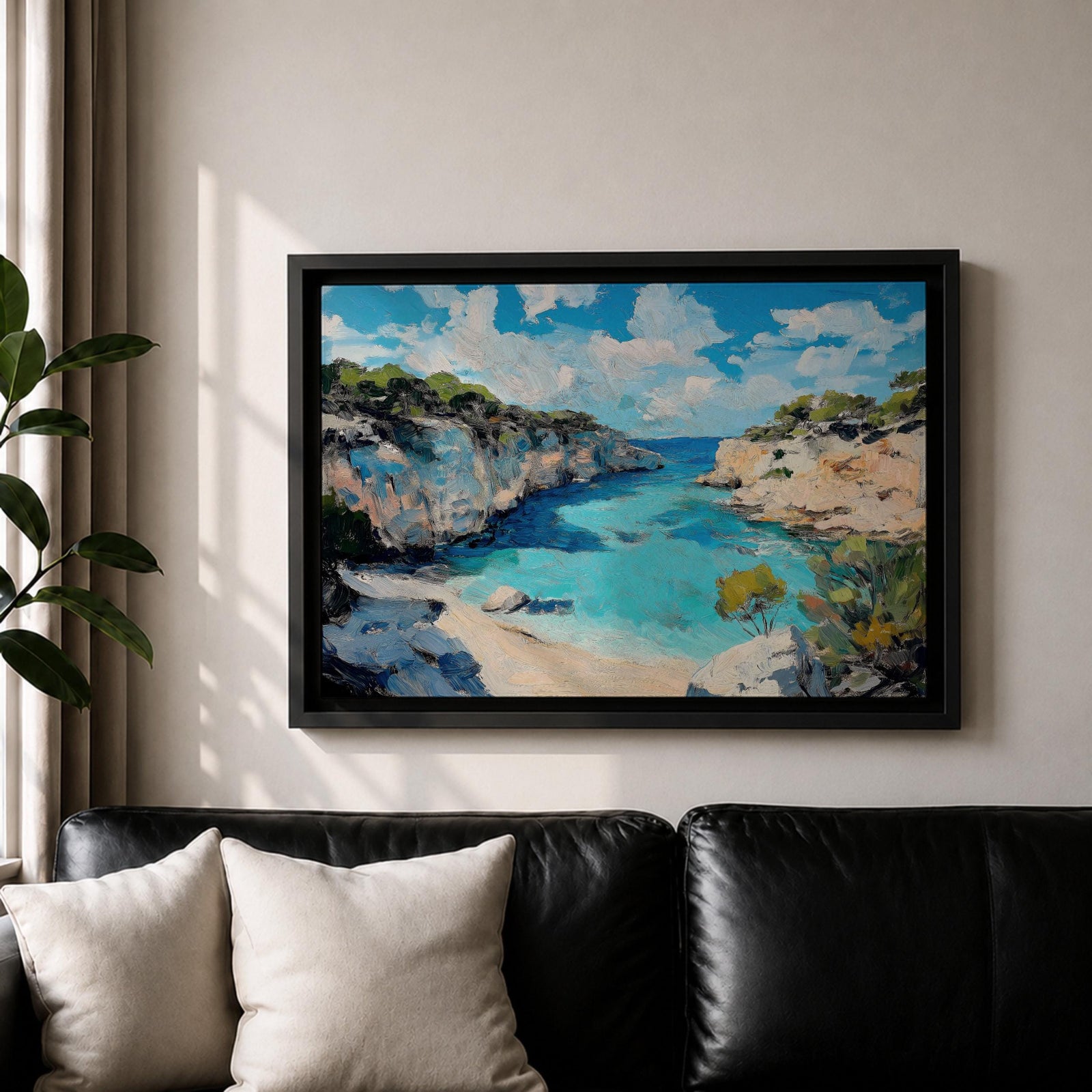 Mediterranean Coastal Wall Art Calanques Framed Canvas Ocean View Impasto Living Room Decor