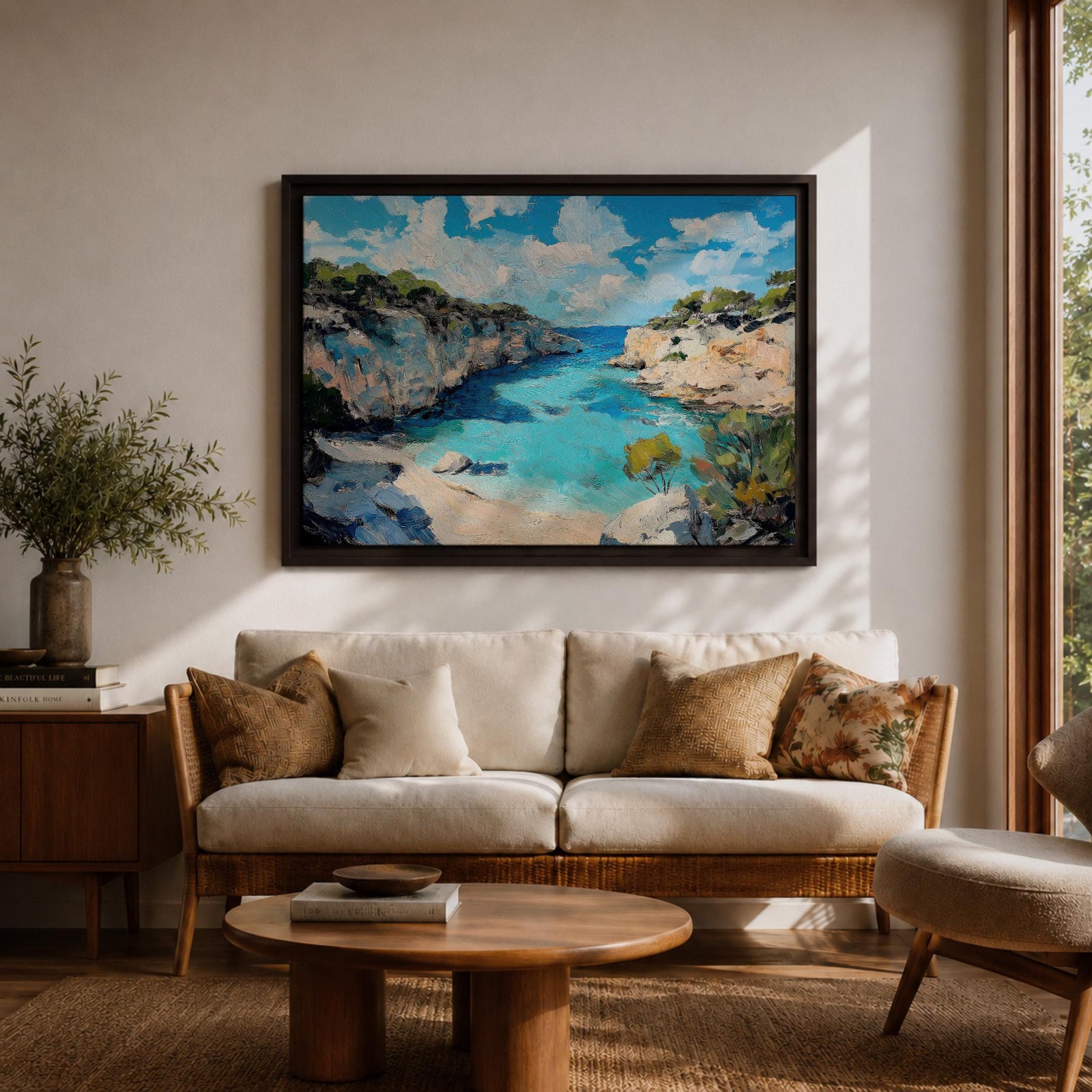 Mediterranean Coastal Wall Art Calanques Framed Canvas Ocean View Impasto Living Room Decor