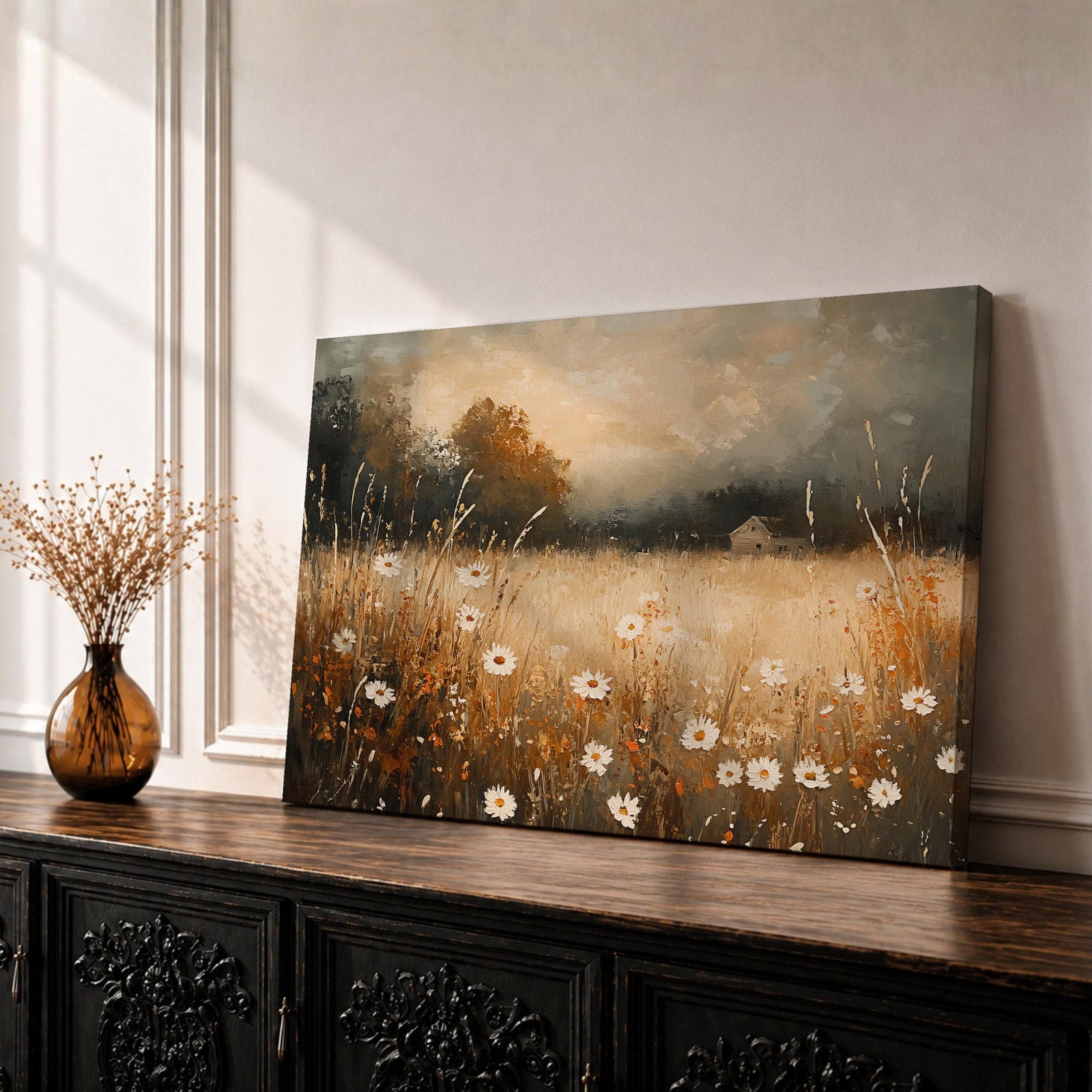 Wildflower Wall Art Daisy Meadow Framed Canvas Impasto Floral Rustic Cottage Home Decor