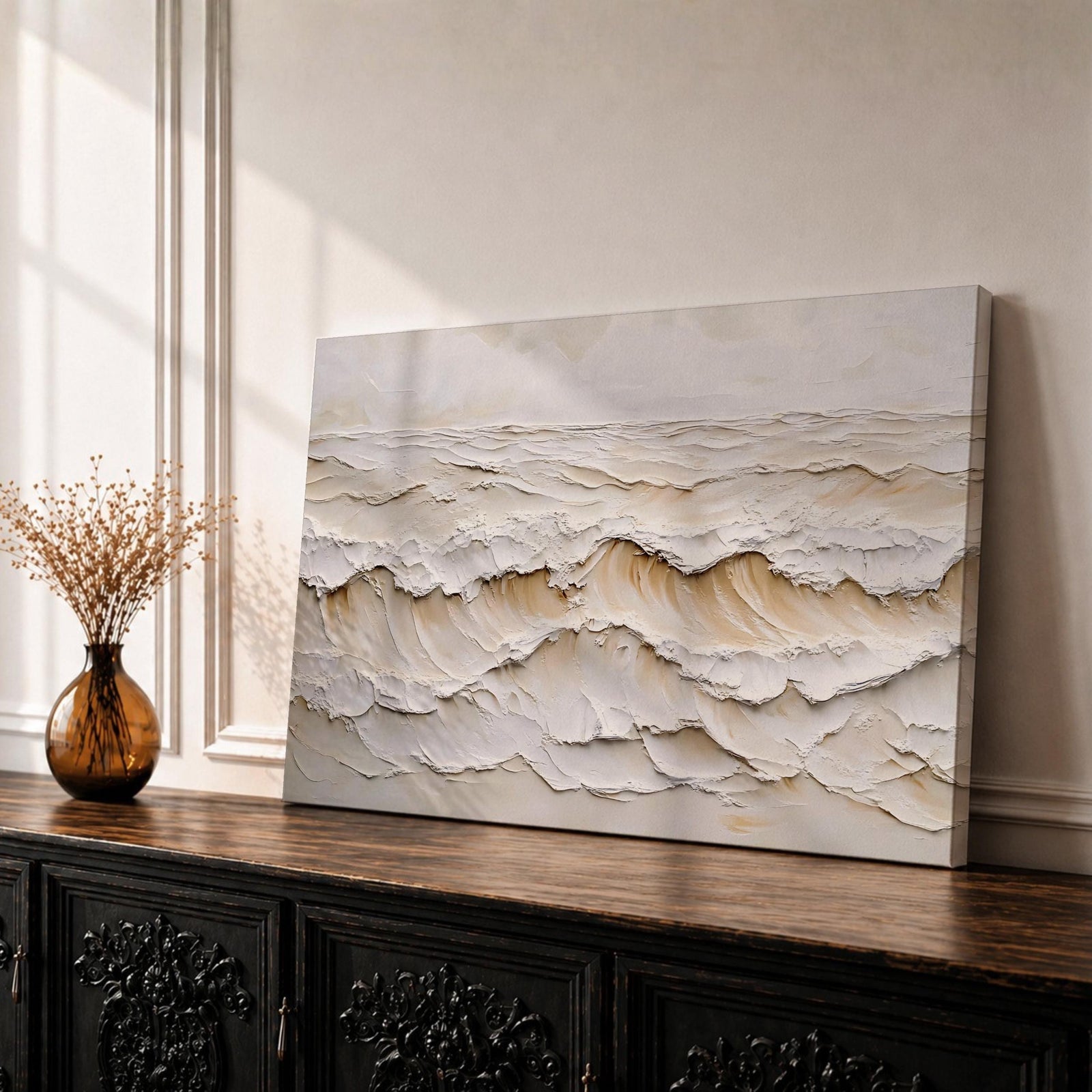 Ocean Waves Wall Art Ocean Surf Framed Canvas Coastal Seascape Impasto Beach House Decor