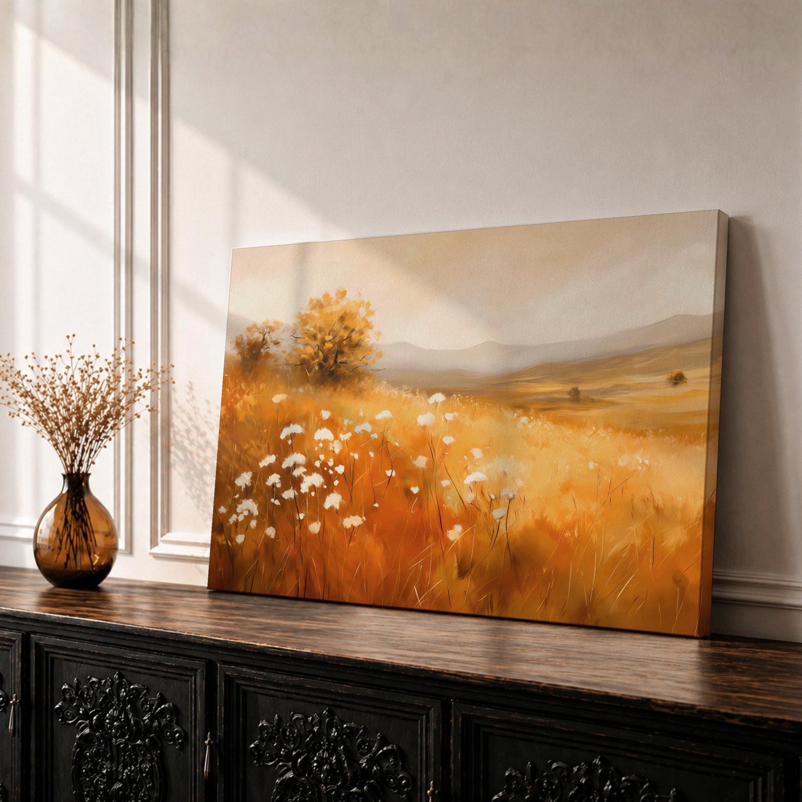 Wildflower Landscape Wall Art Golden Meadow Framed Canvas Rustic Farmhouse Home Decor