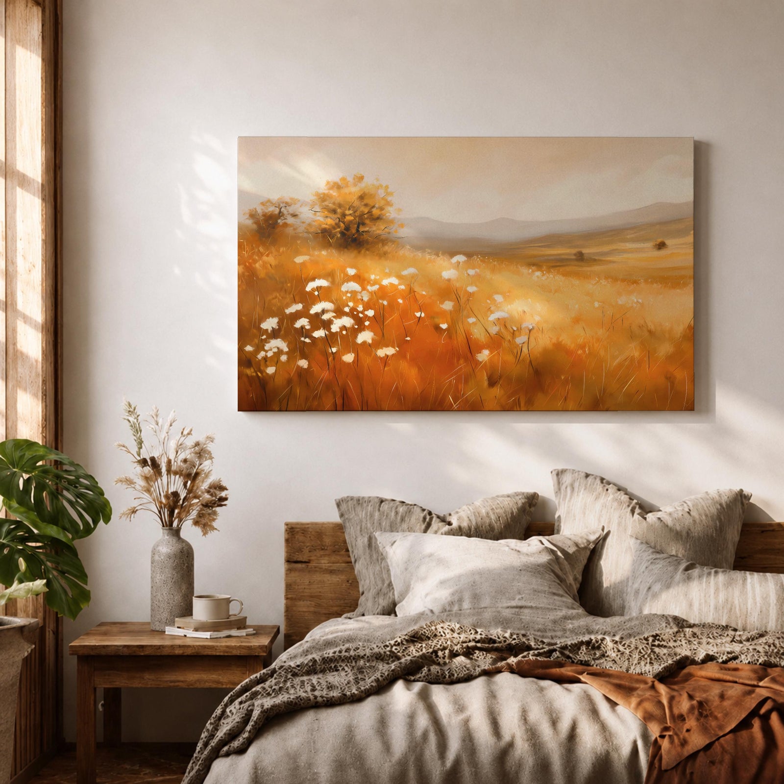 Wildflower Landscape Wall Art Golden Meadow Framed Canvas Rustic Farmhouse Home Decor
