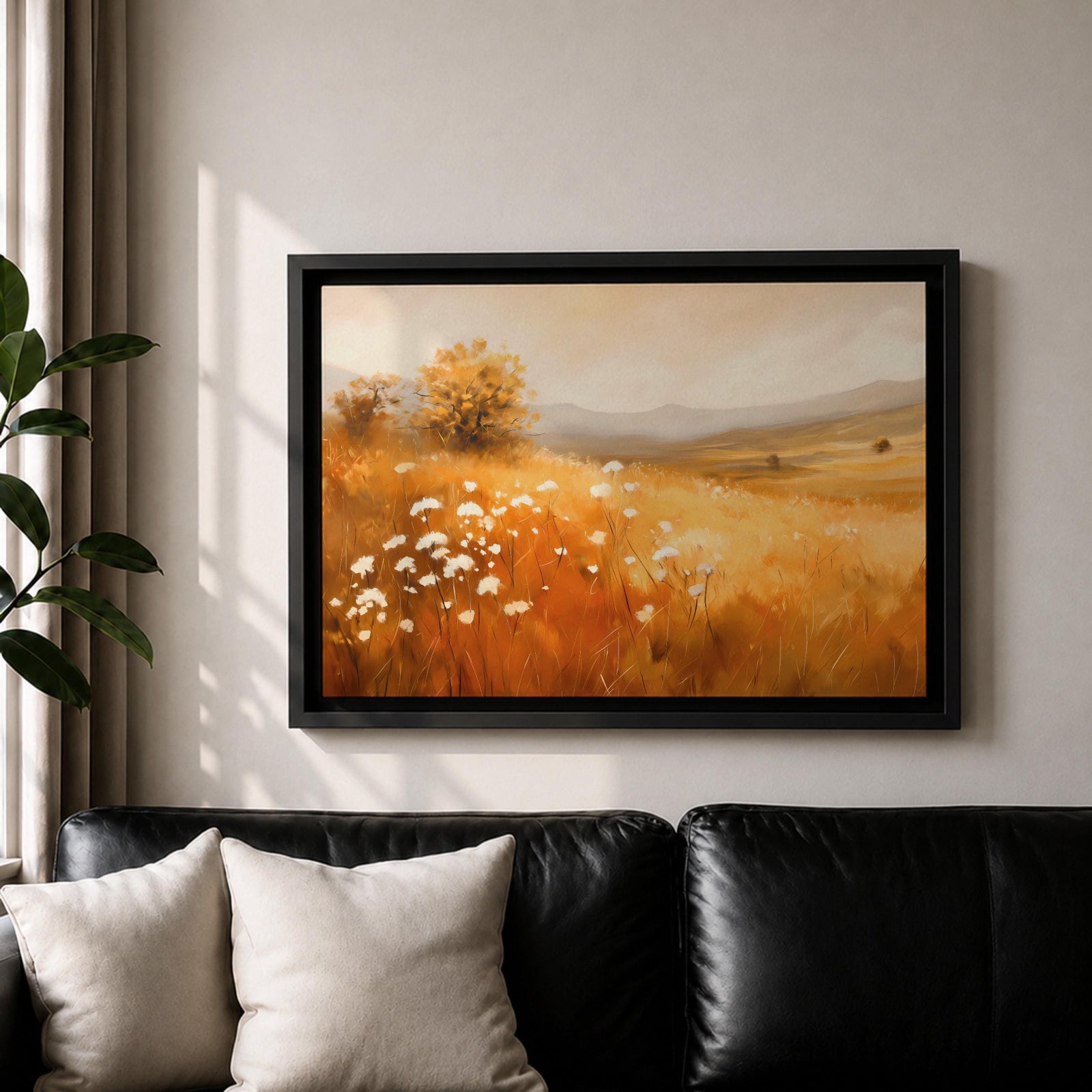Wildflower Landscape Wall Art Golden Meadow Framed Canvas Rustic Farmhouse Home Decor
