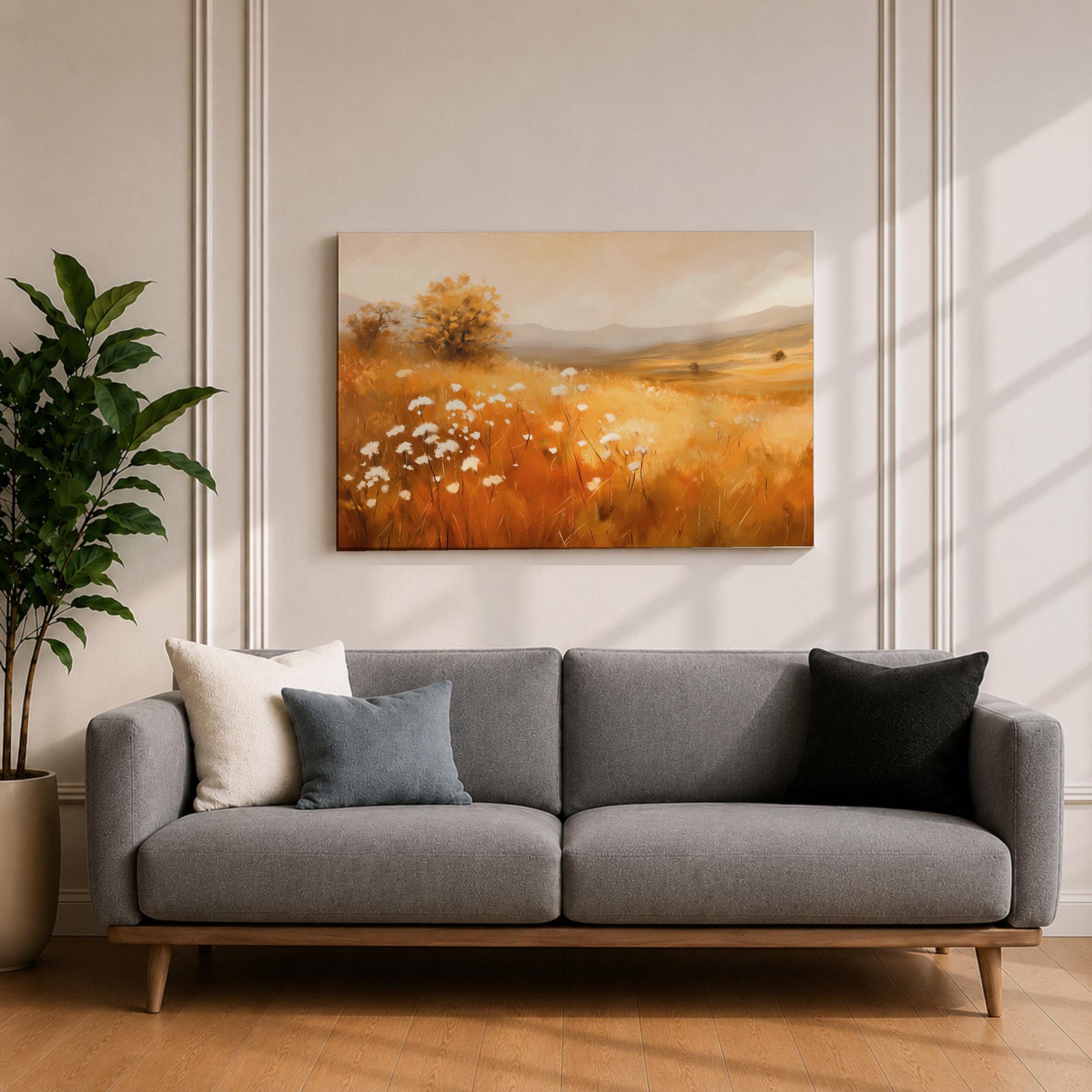 Wildflower Landscape Wall Art Golden Meadow Framed Canvas Rustic Farmhouse Home Decor
