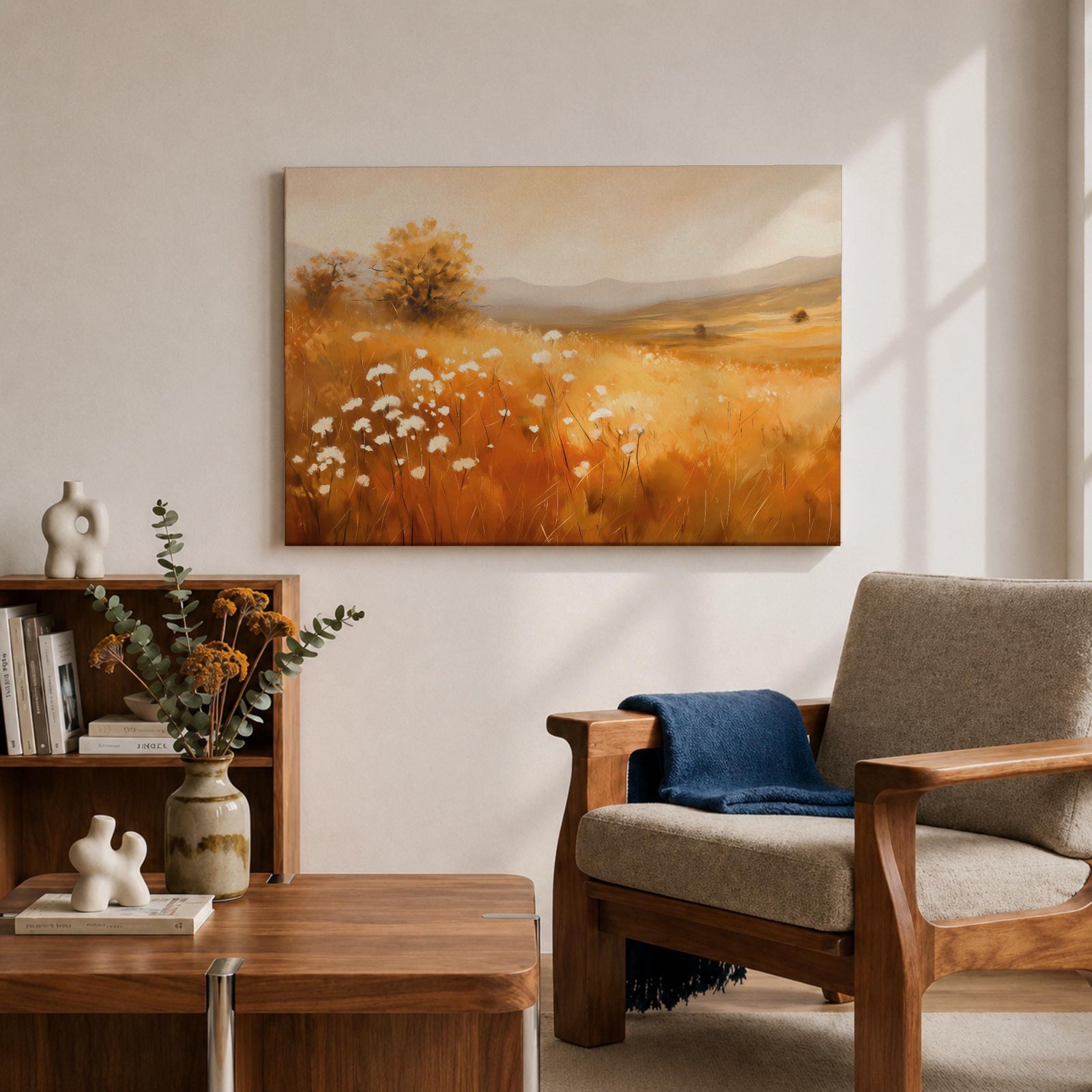 Wildflower Landscape Wall Art Golden Meadow Framed Canvas Rustic Farmhouse Home Decor