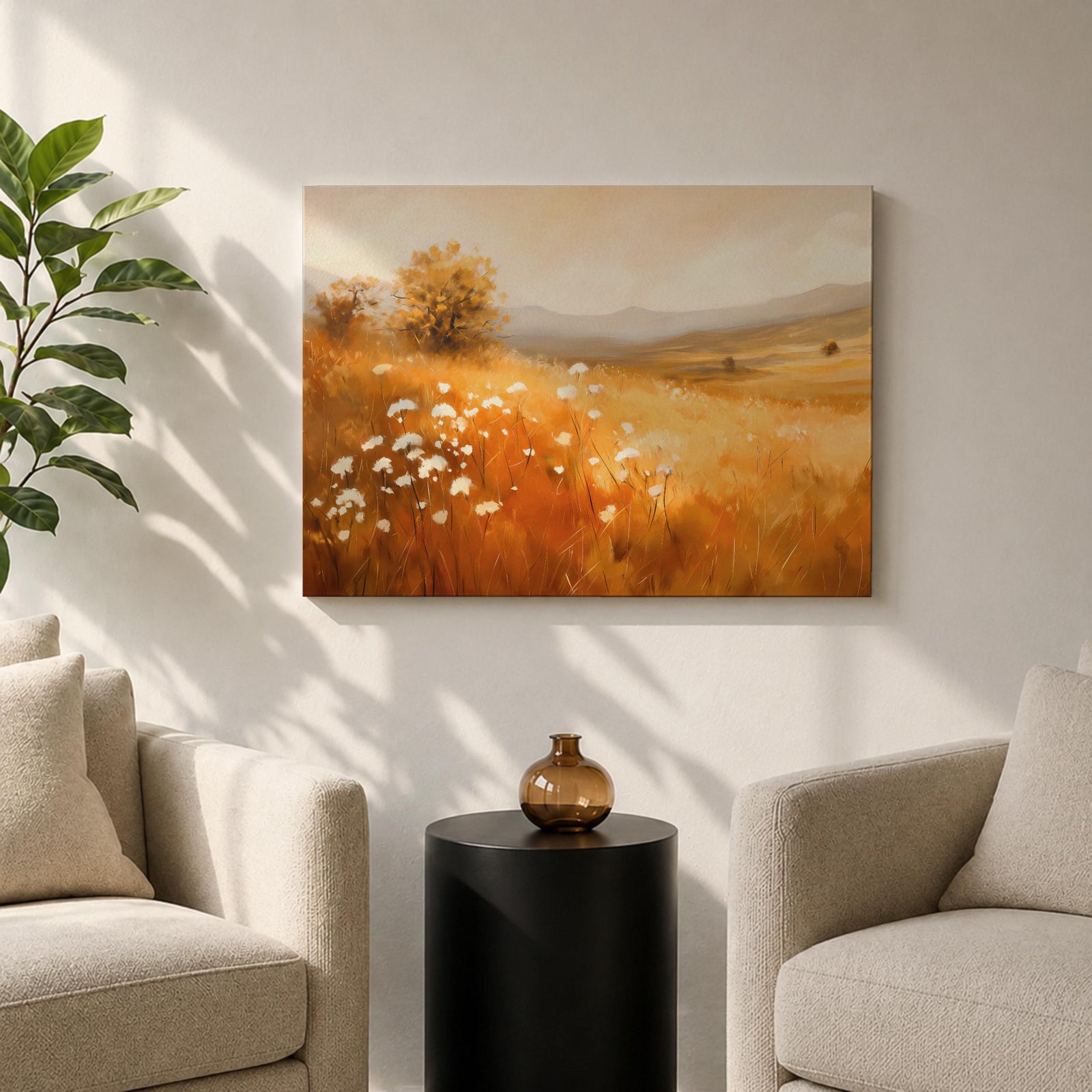 Wildflower Landscape Wall Art Golden Meadow Framed Canvas Rustic Farmhouse Home Decor