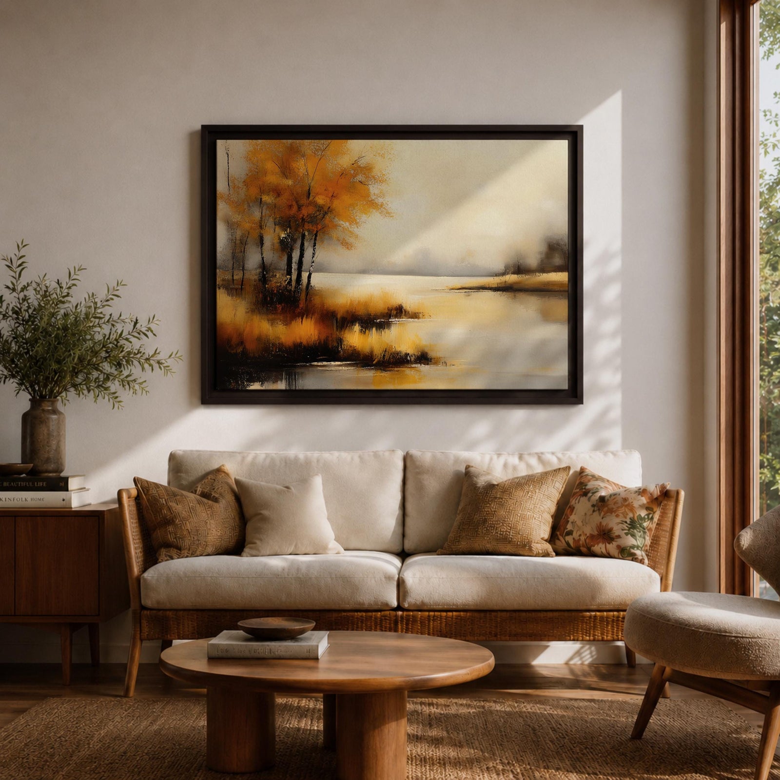 Autumn Landscape Wall Art Lakeside Framed Canvas Rustic Cabin Farmhouse Home Decor
