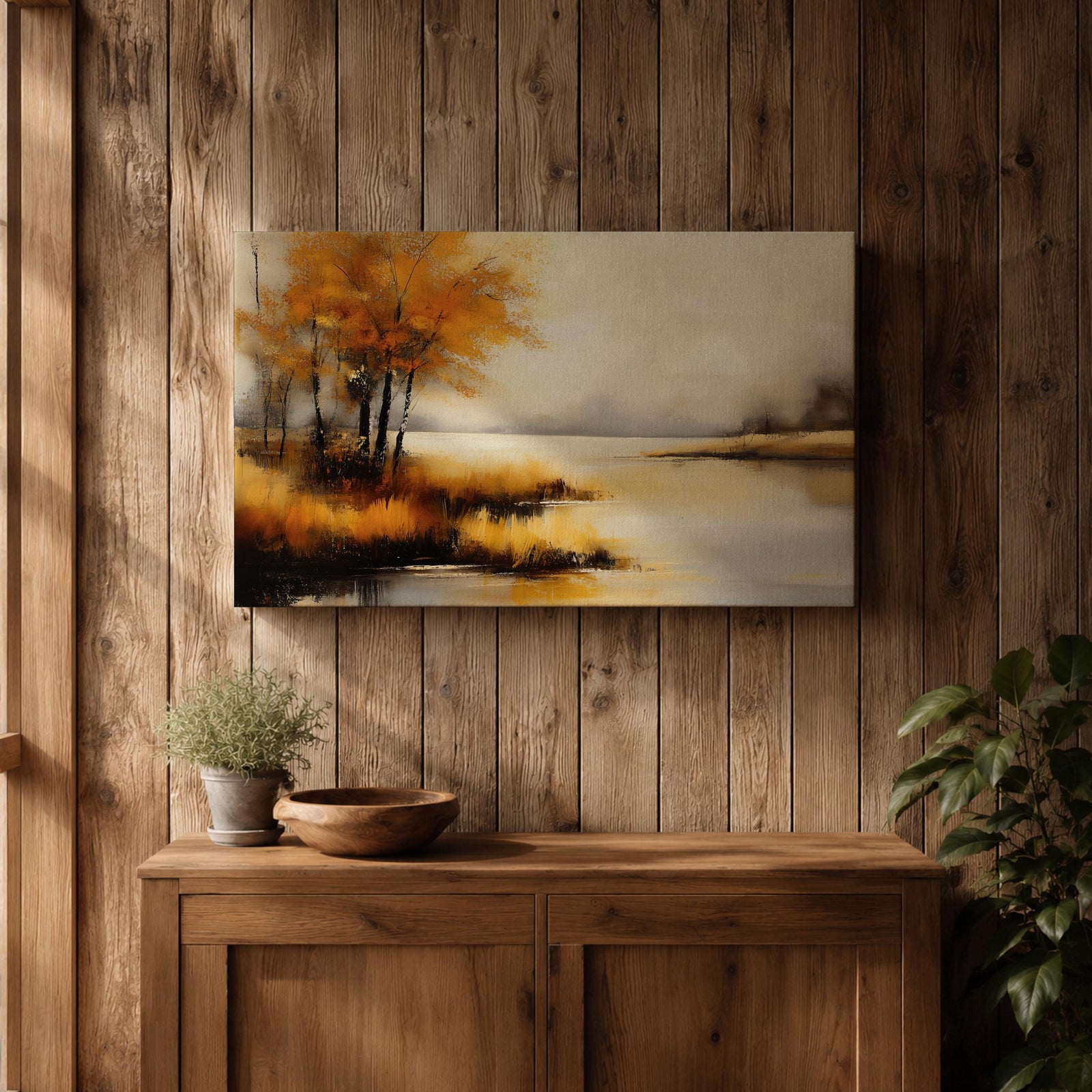Autumn Landscape Wall Art Lakeside Framed Canvas Rustic Cabin Farmhouse Home Decor