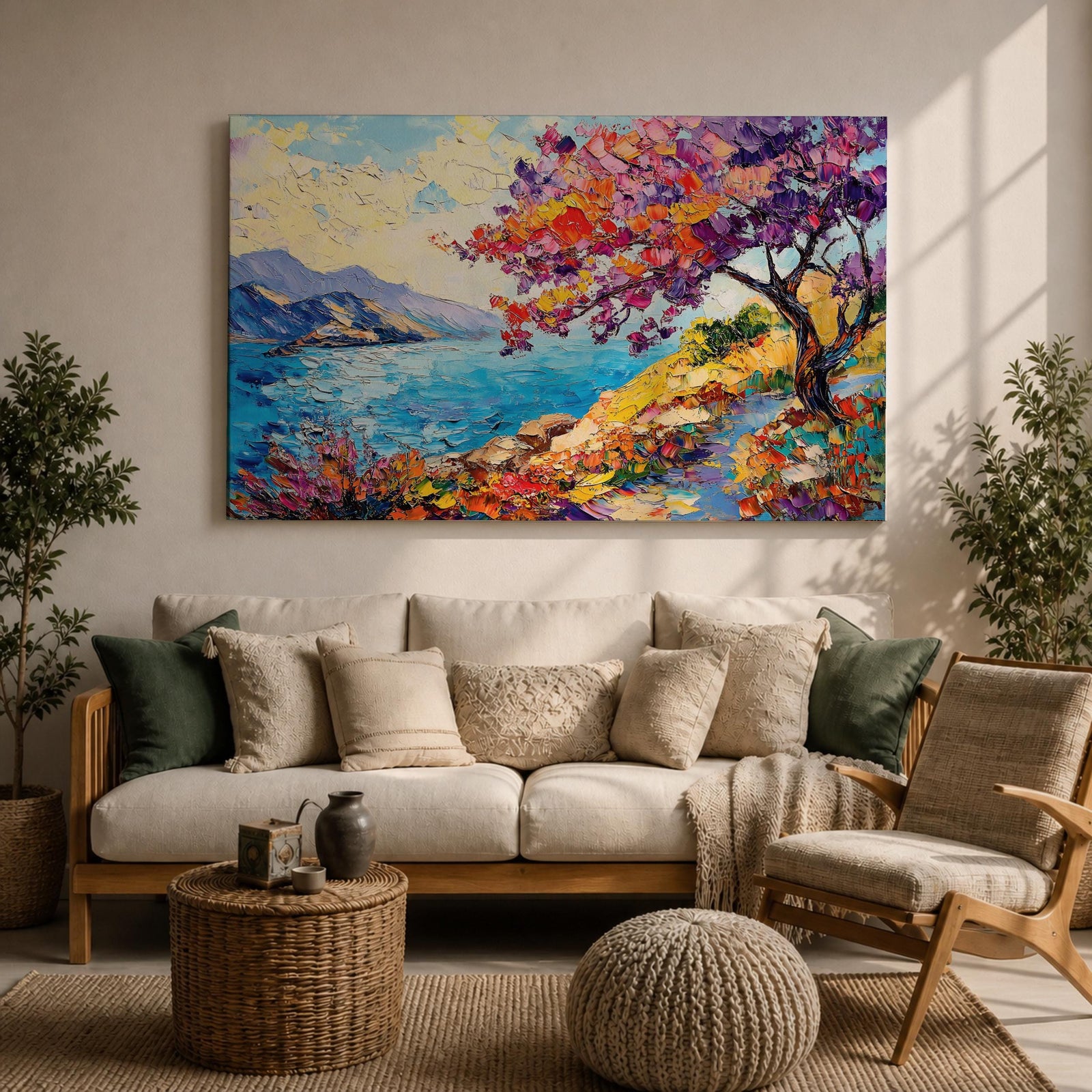 Coastal Blossom Wall Art Bougainvillea Framed Canvas Botanical Seaside Impasto Living Room Decor