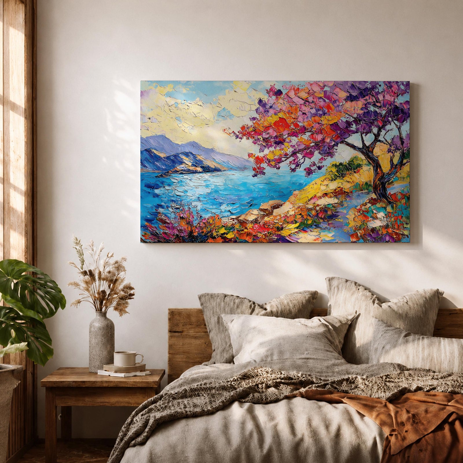 Coastal Blossom Wall Art Bougainvillea Framed Canvas Botanical Seaside Impasto Living Room Decor