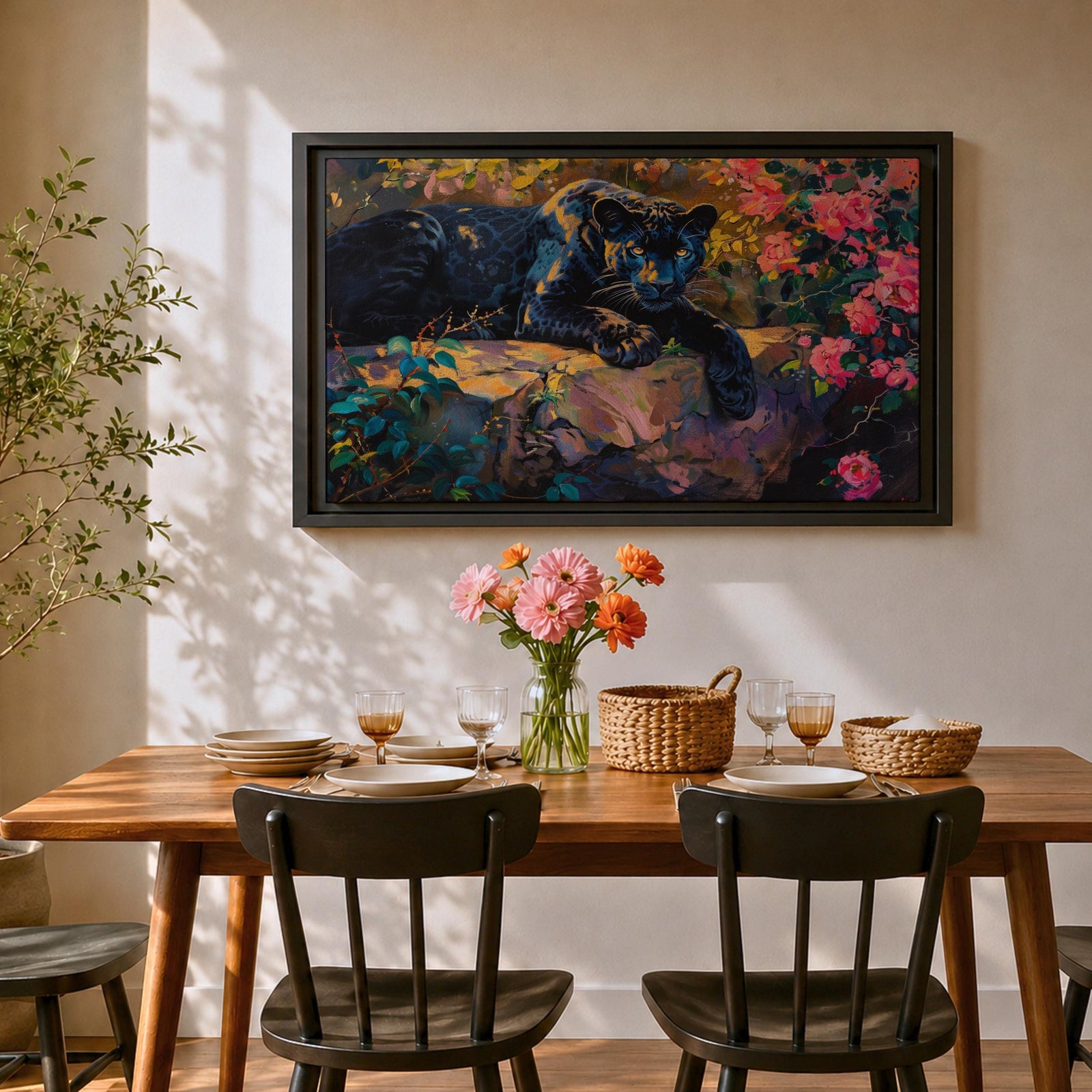 Black Panther Wall Art Melanistic Leopard Framed Canvas Jungle Wildlife Impasto Exotic Home Decor