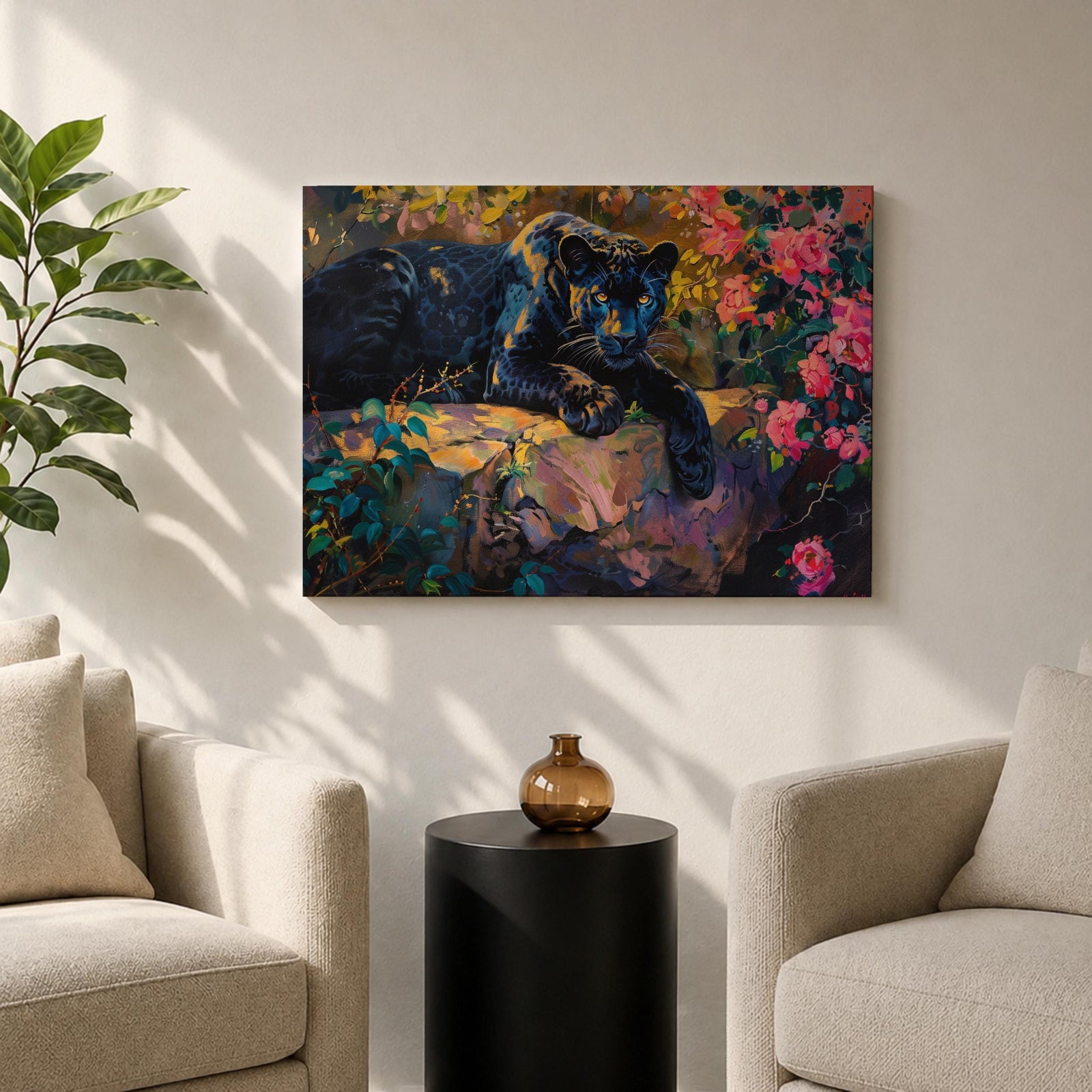 Black Panther Wall Art Melanistic Leopard Framed Canvas Jungle Wildlife Impasto Exotic Home Decor